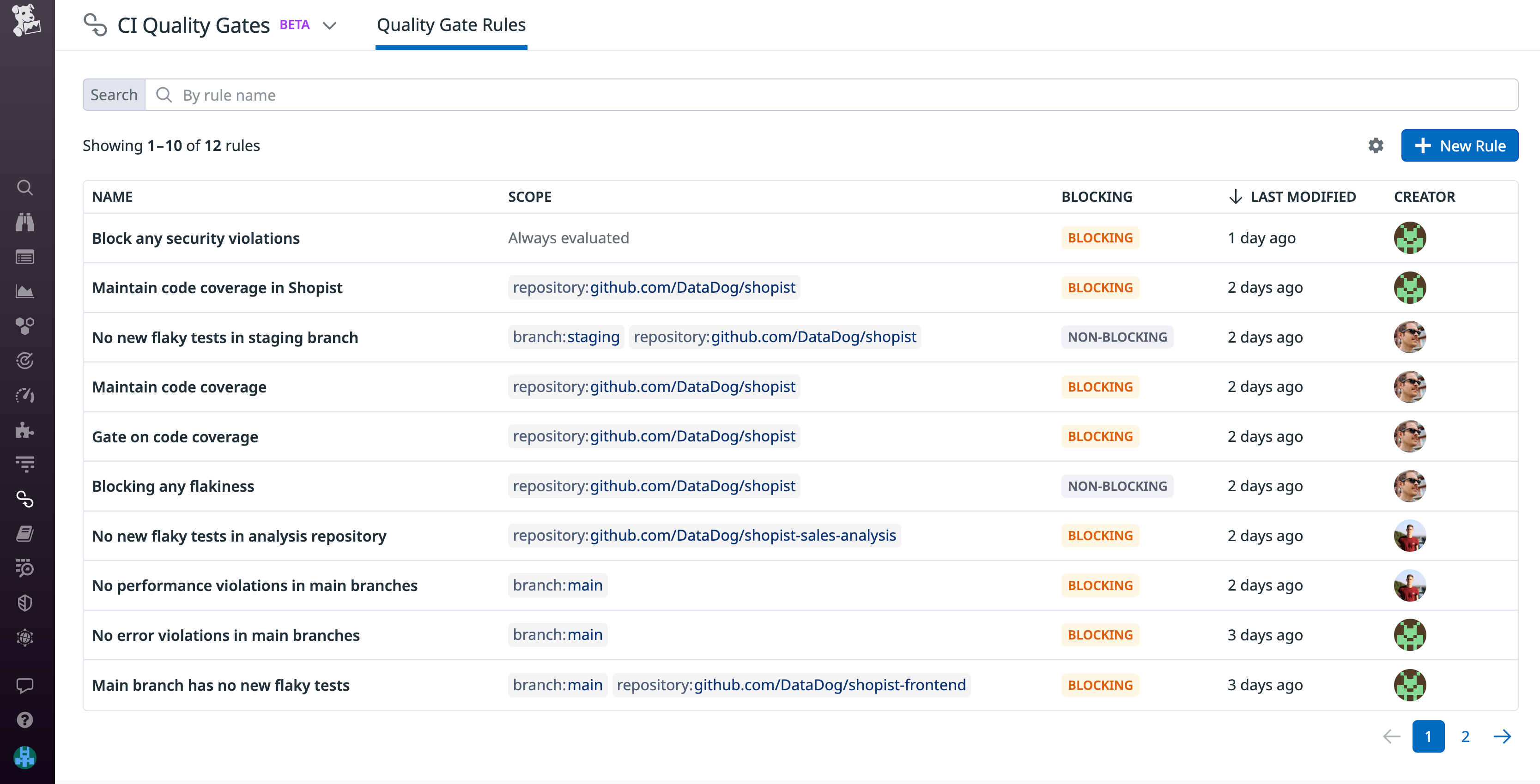 View your existing quality gates in Datadog CI.