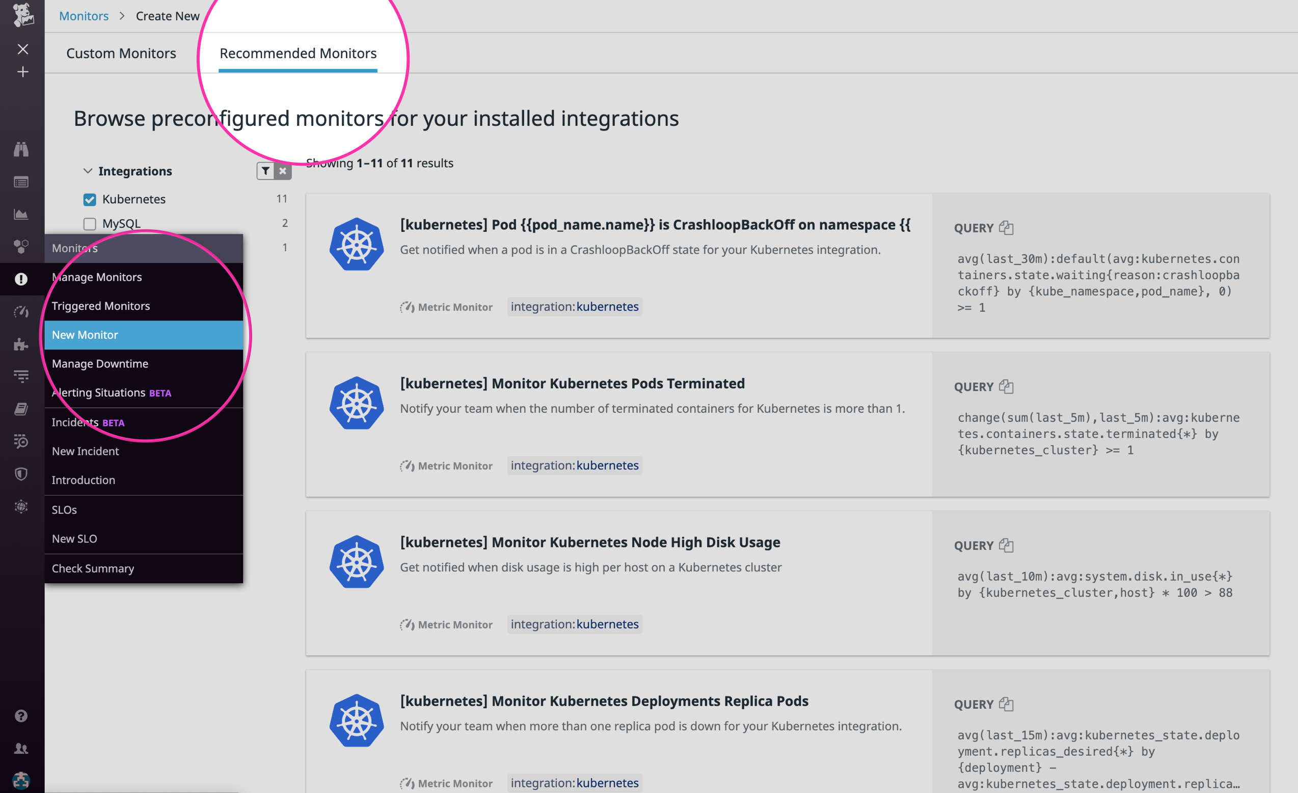 First click 'New Monitor' under the 'Monitors' dropdown, then click 'Recommended Monitors.'