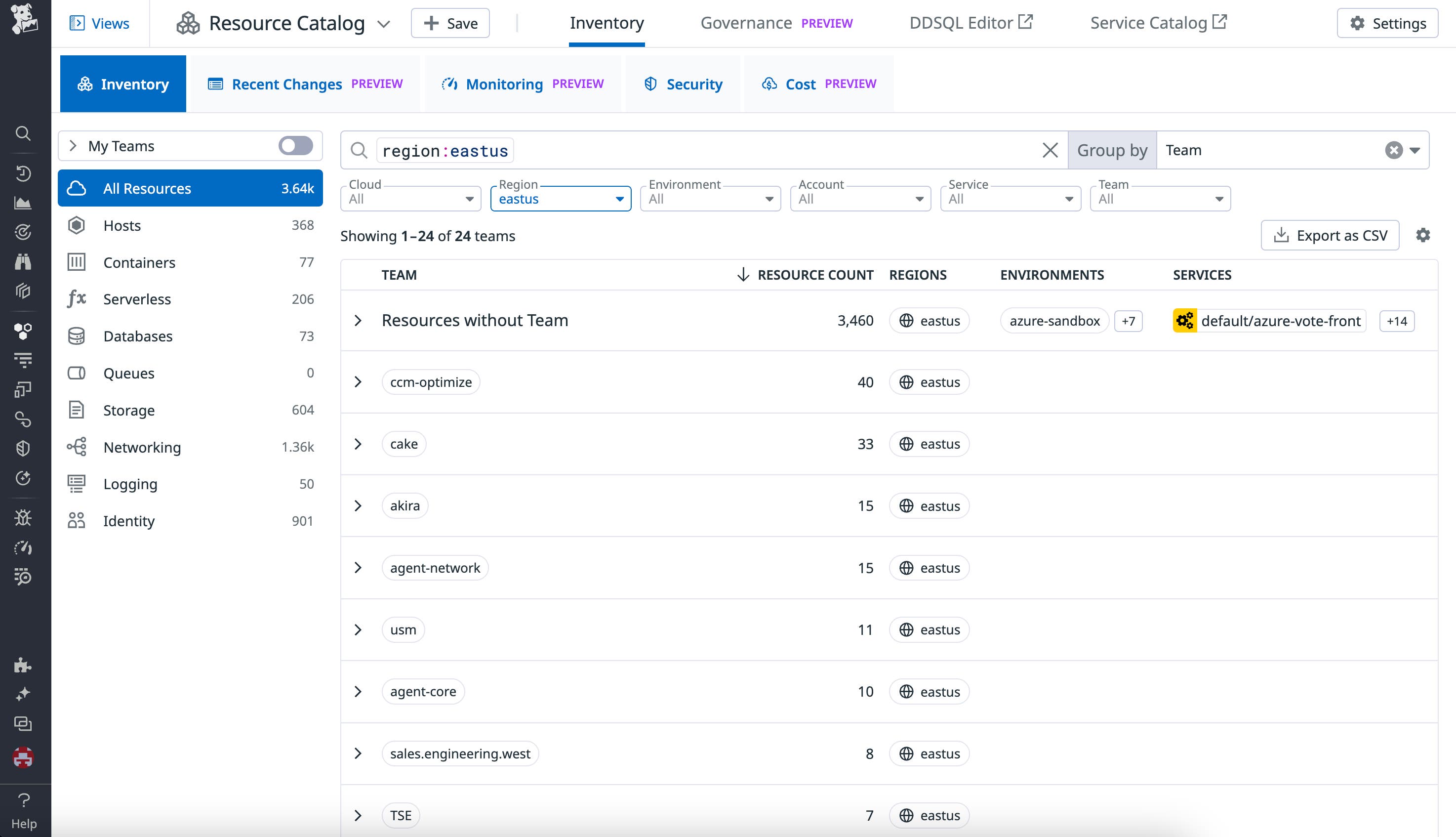 Filtering the Inventory view by region Filtering the Inventory view by region