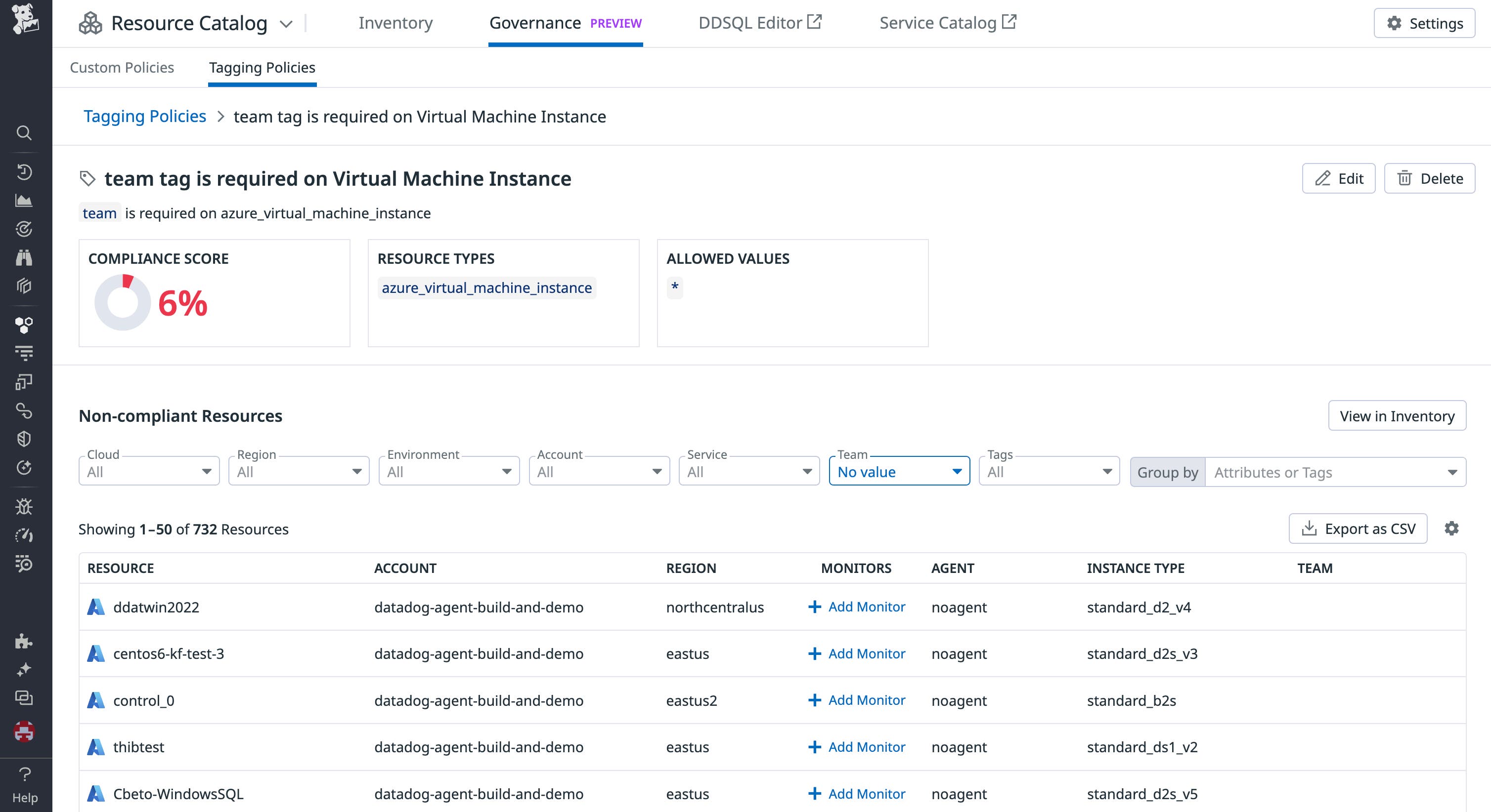 The Resource Catalog's tagging policy view The Resource Catalog's tagging policy view