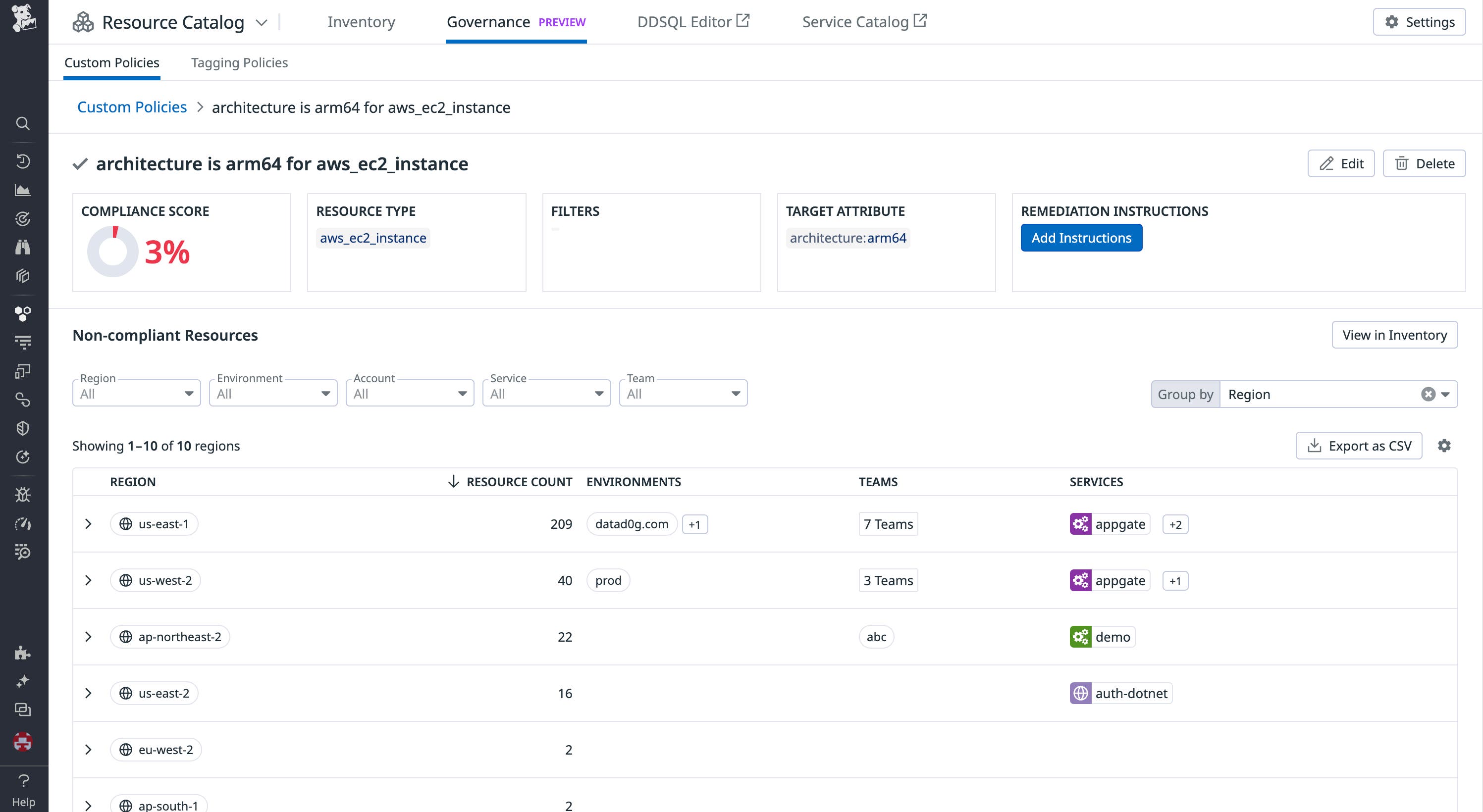 Viewing custom policies in the Resource Catalog Governance view Viewing custom policies in the Resource Catalog Governance view