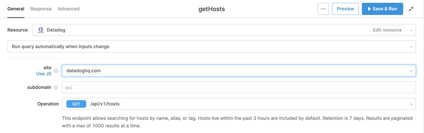 Retool's Datadog integration lets you access any Datadog API endpoint. Retool's Datadog integration lets you access any Datadog API endpoint.