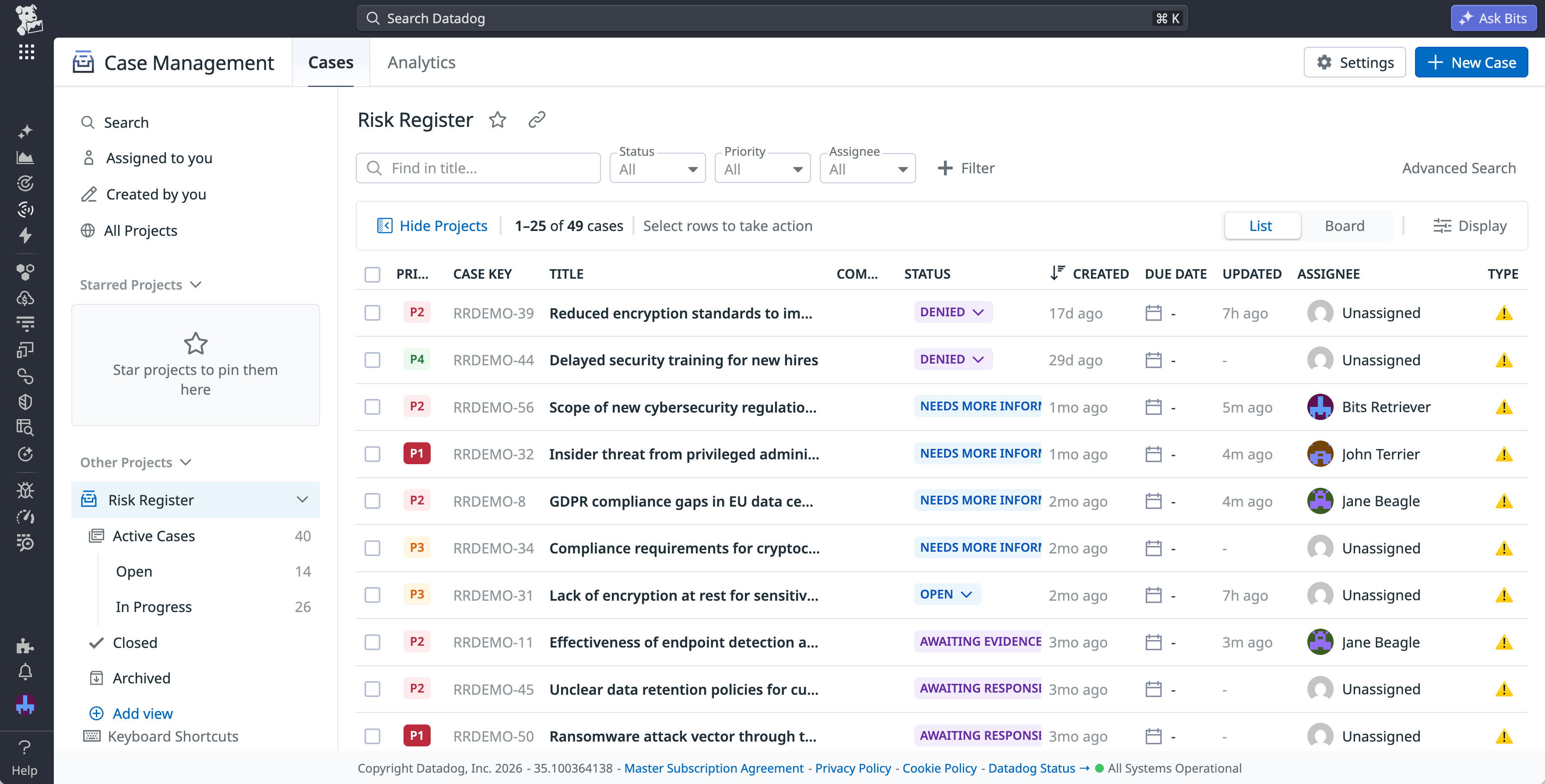 The risk register in Case Management, showing a list of risks across different stages and priorities.