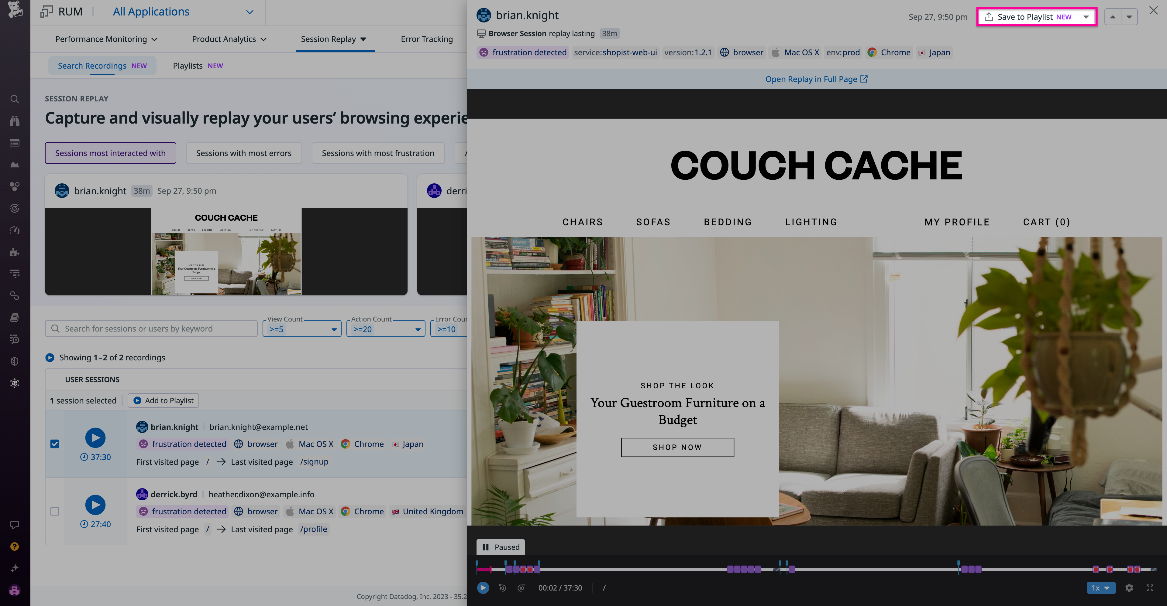 Save a session replay to a playlist