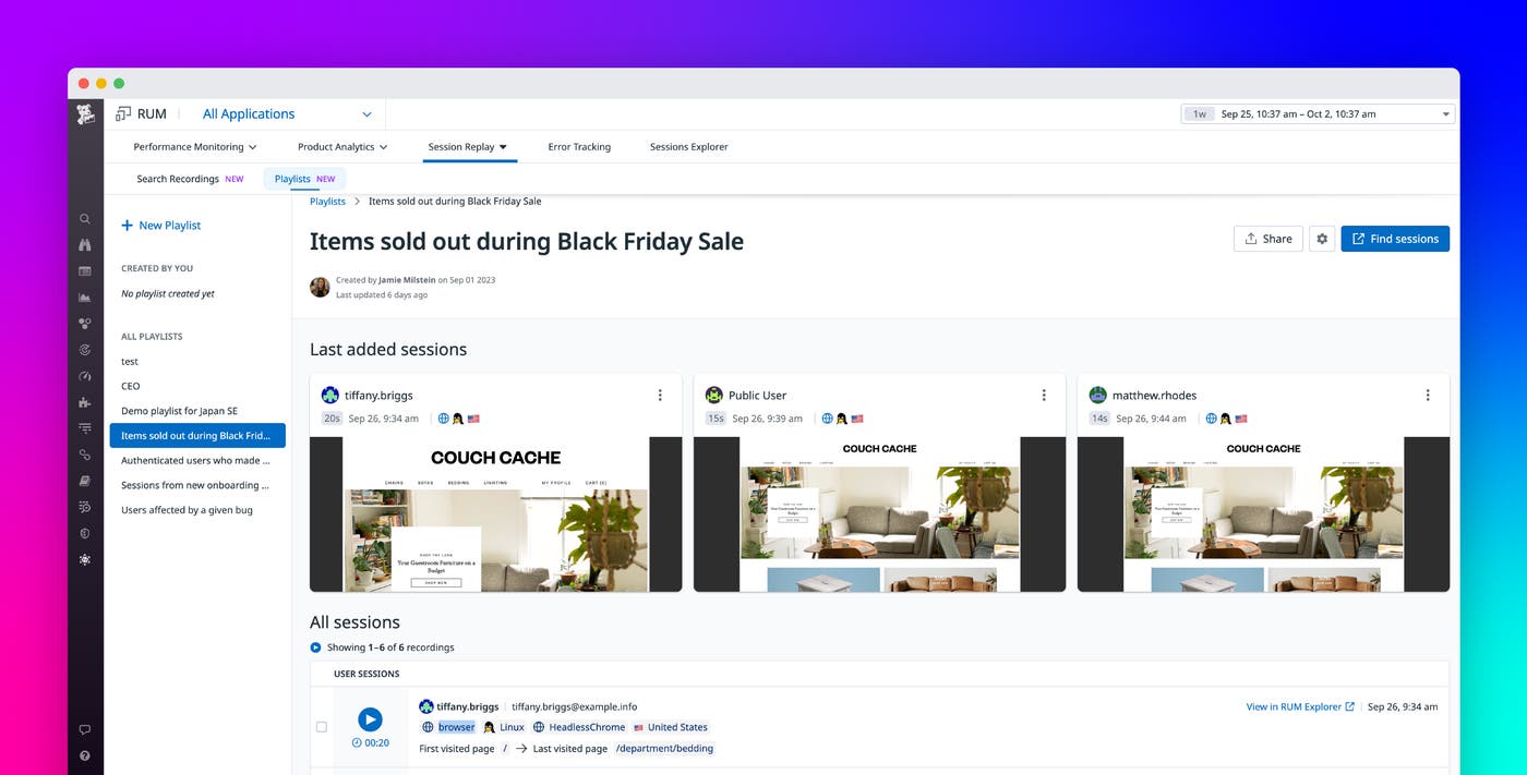 Organize and analyze related session replays with Playlists in Datadog RUM Organize and analyze related session replays with Playlists in Datadog RUM