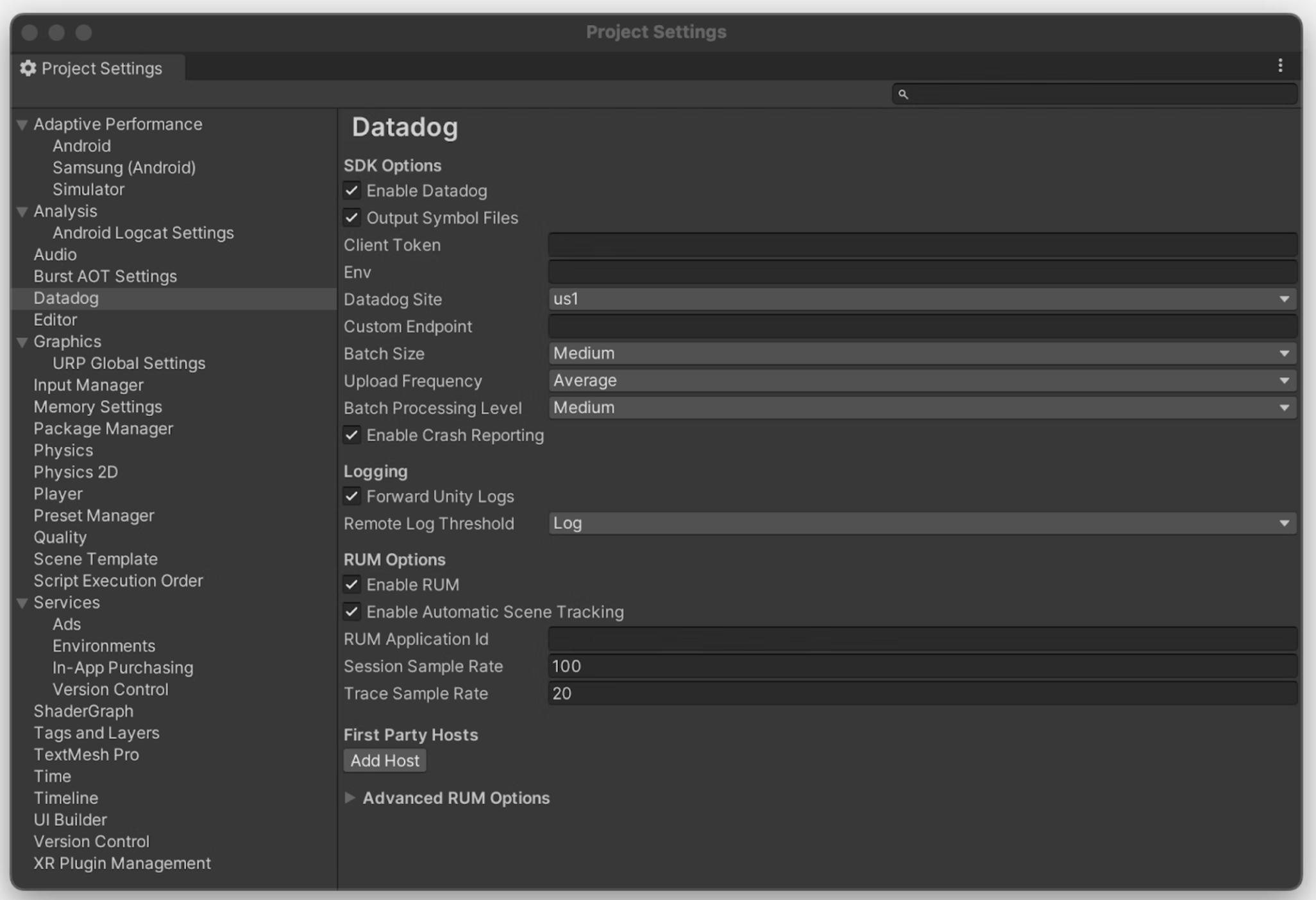 Enable Datadog in Unity's project settings
