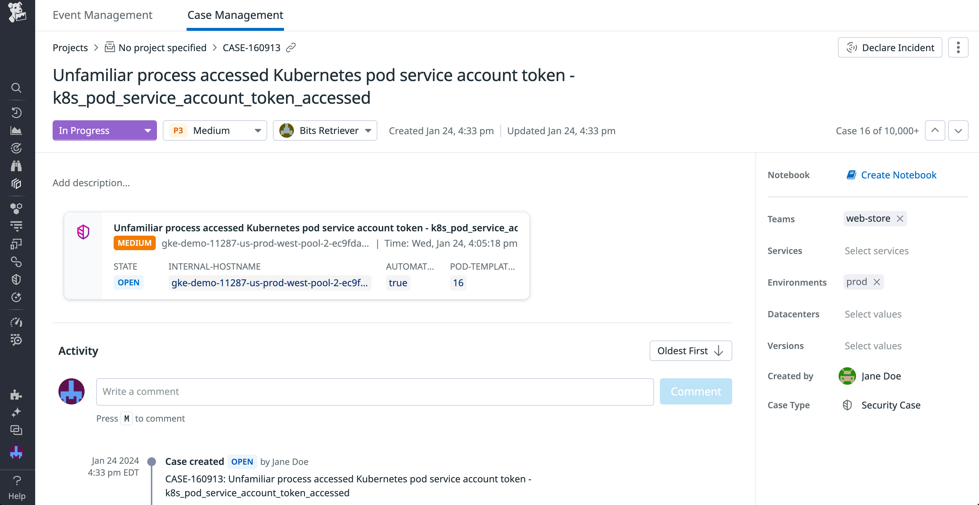 A case within Datadog Case Management, showing details such related events and the assigned responder.