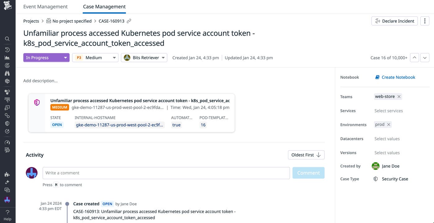 A case within Datadog Case Management, showing details such related events and the assigned responder. A case within Datadog Case Management, showing details such related events and the assigned responder.