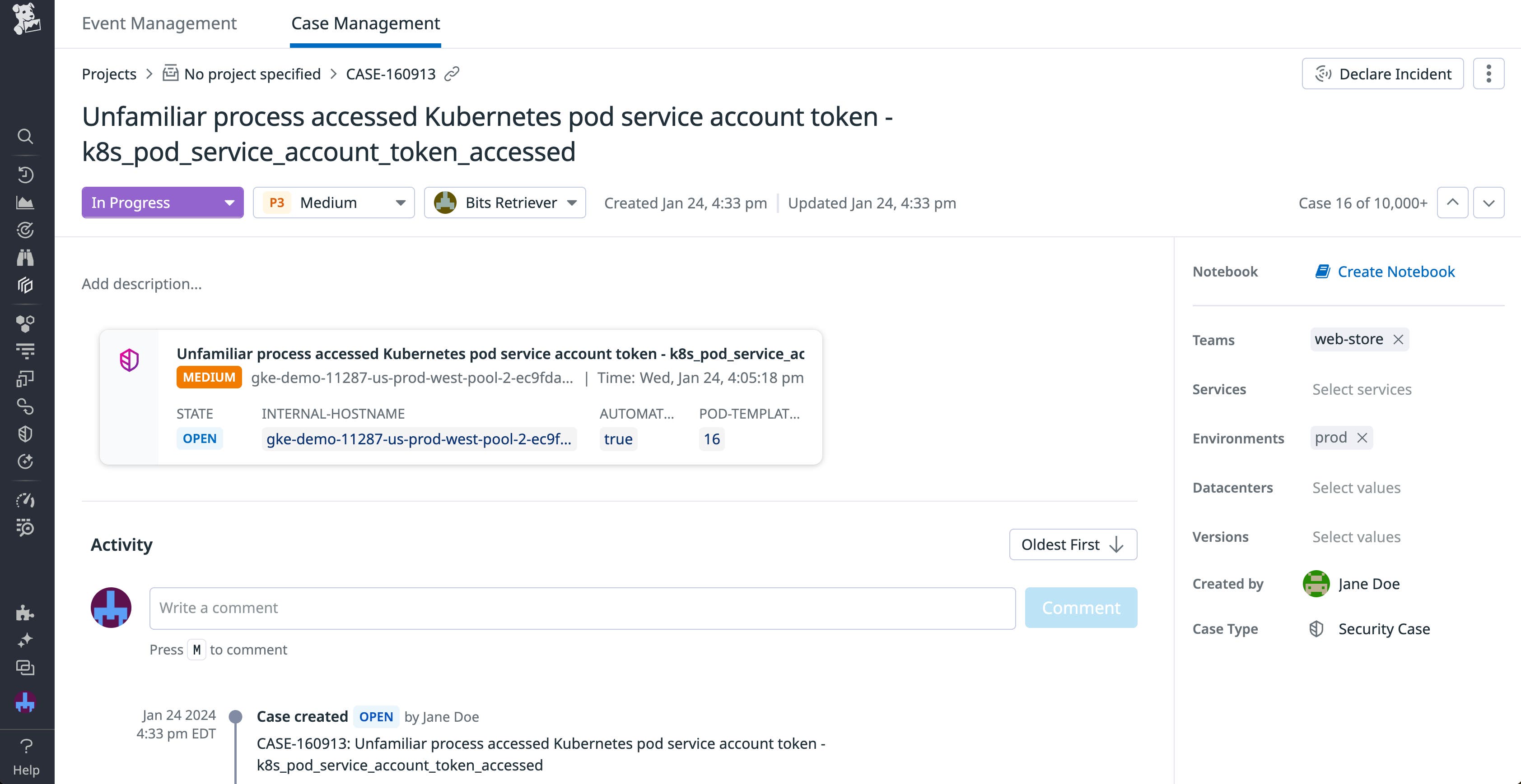 A case within Datadog Case Management, showing details such related events and the assigned responder. A case within Datadog Case Management, showing details such related events and the assigned responder.