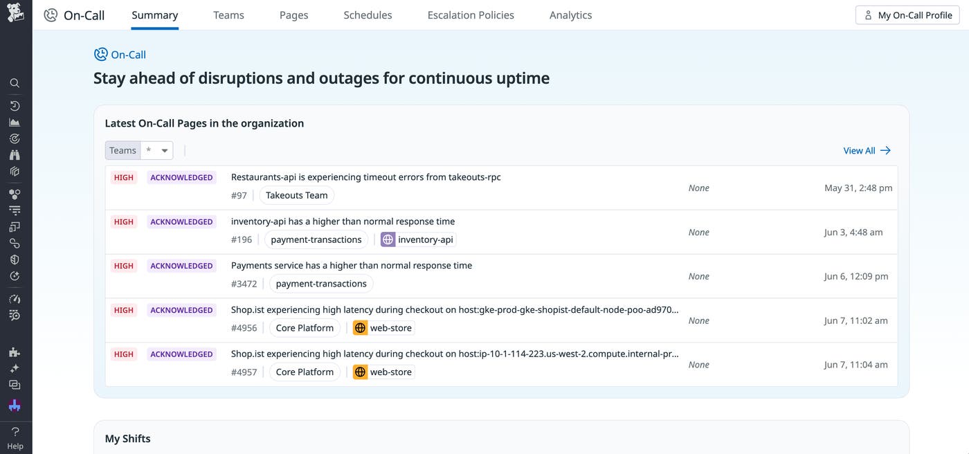 The Datadog On-Call Summary page, with a list of the latest pages displayed. The Datadog On-Call Summary page, with a list of the latest pages displayed.
