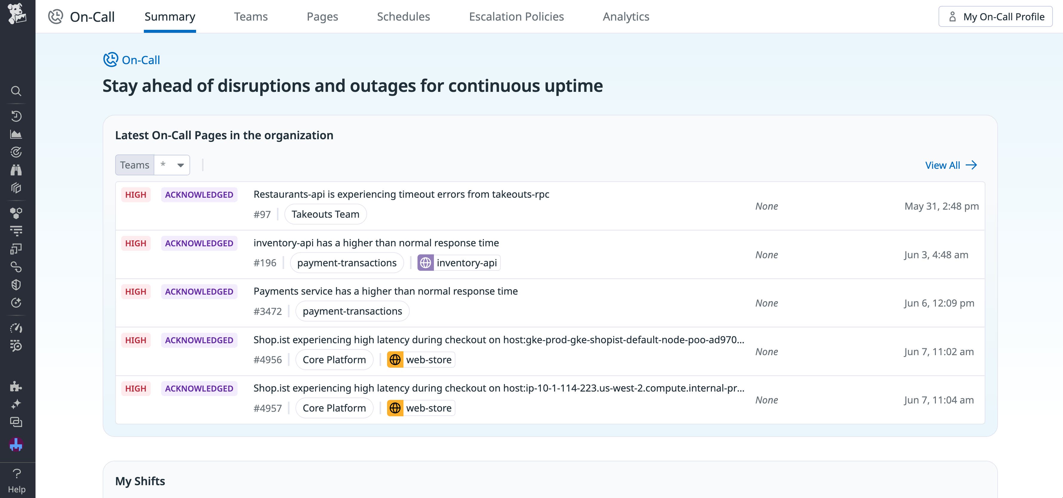The Datadog On-Call Summary page, with a list of the latest pages displayed. The Datadog On-Call Summary page, with a list of the latest pages displayed.