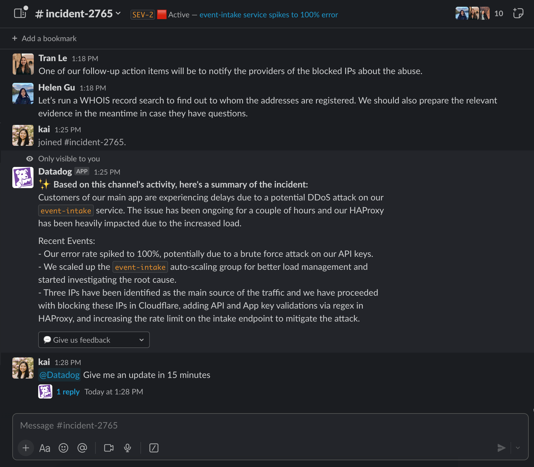 You can use Bits AI to provide incident summaries to quickly bring incident responders up to speed.