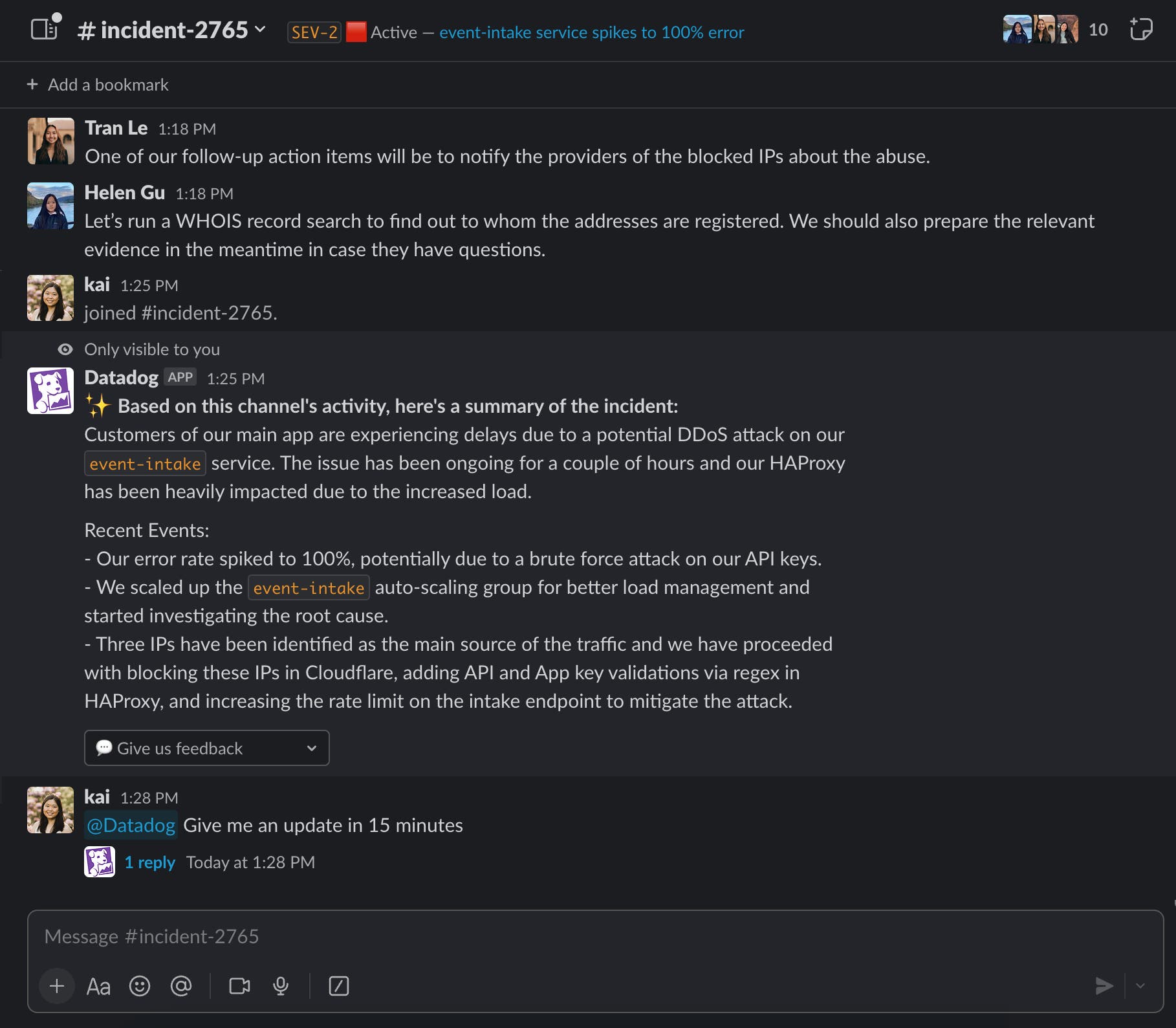 You can use Bits AI to provide incident summaries to quickly bring incident responders up to speed. You can use Bits AI to provide incident summaries to quickly bring incident responders up to speed.