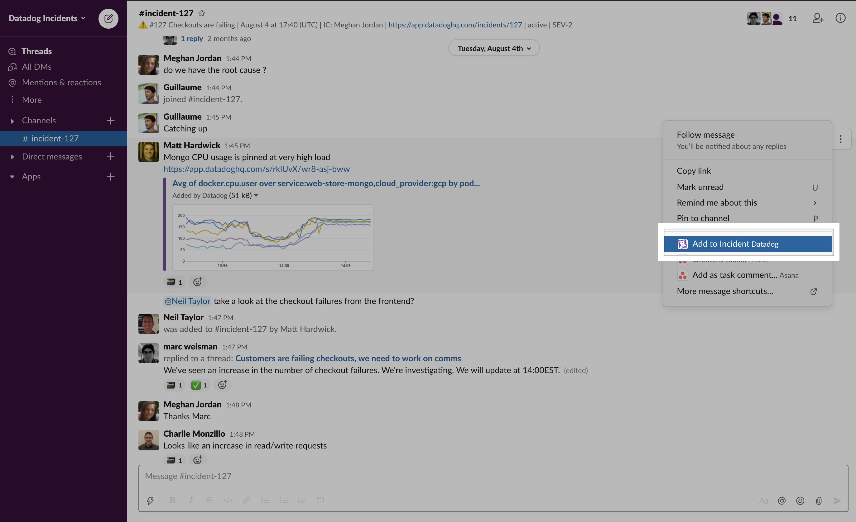 Slack からインシデントのタイムラインにメッセージを送信。
