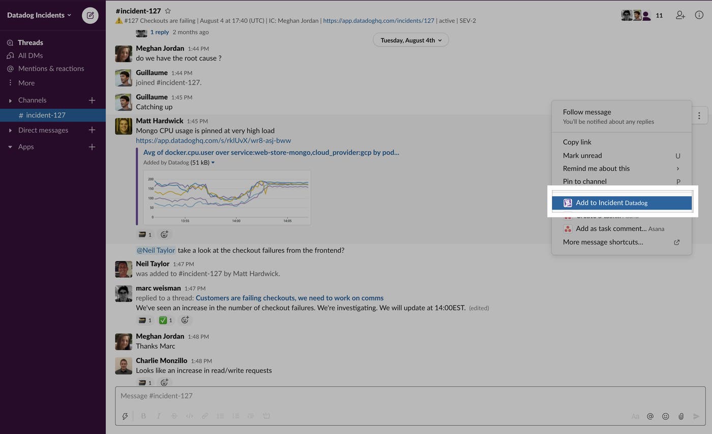 Slack からインシデントのタイムラインにメッセージを送信。 Slack からインシデントのタイムラインにメッセージを送信。