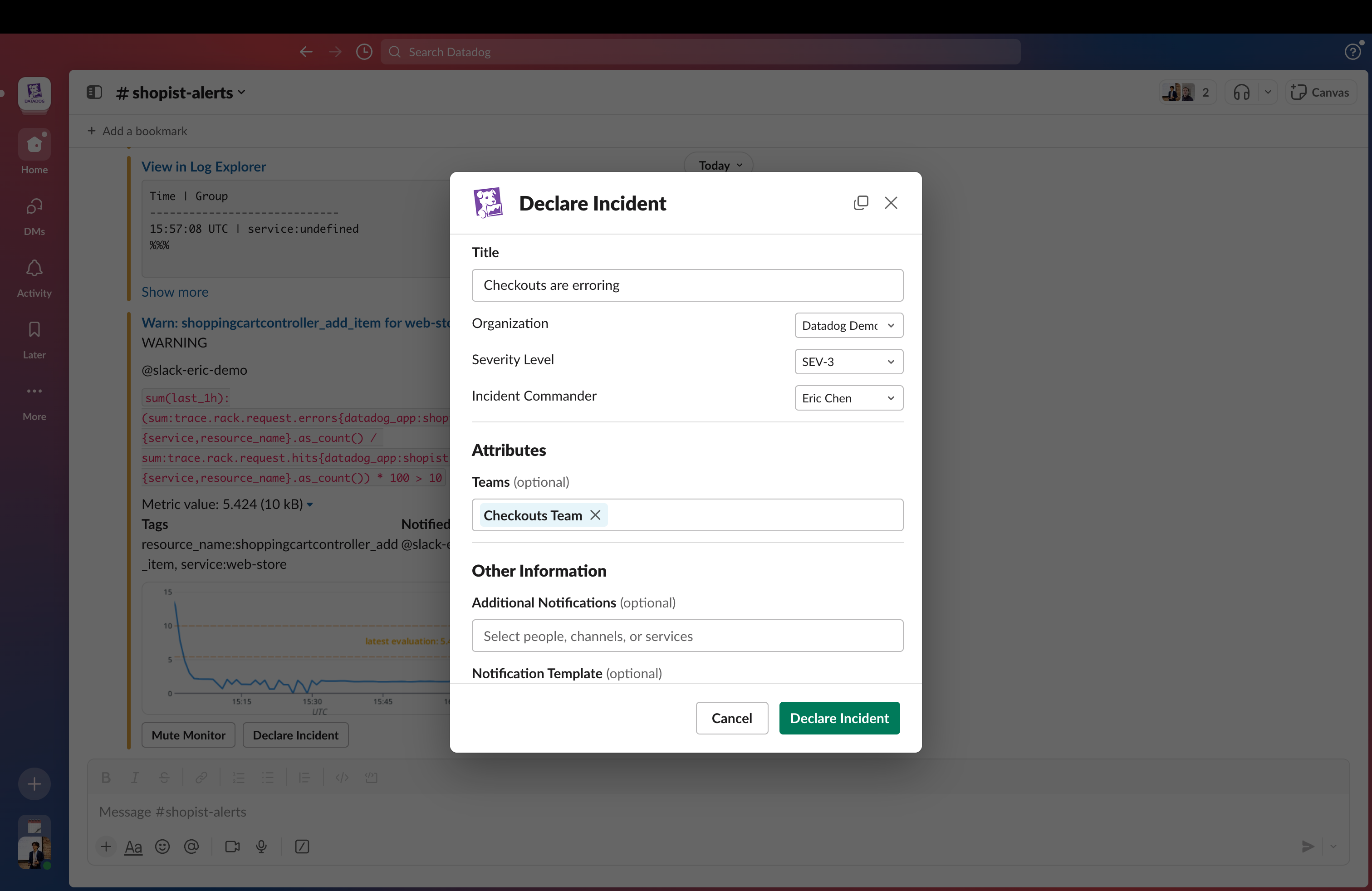You can use the `/datadog incident` command to declare an incident from within Slack.