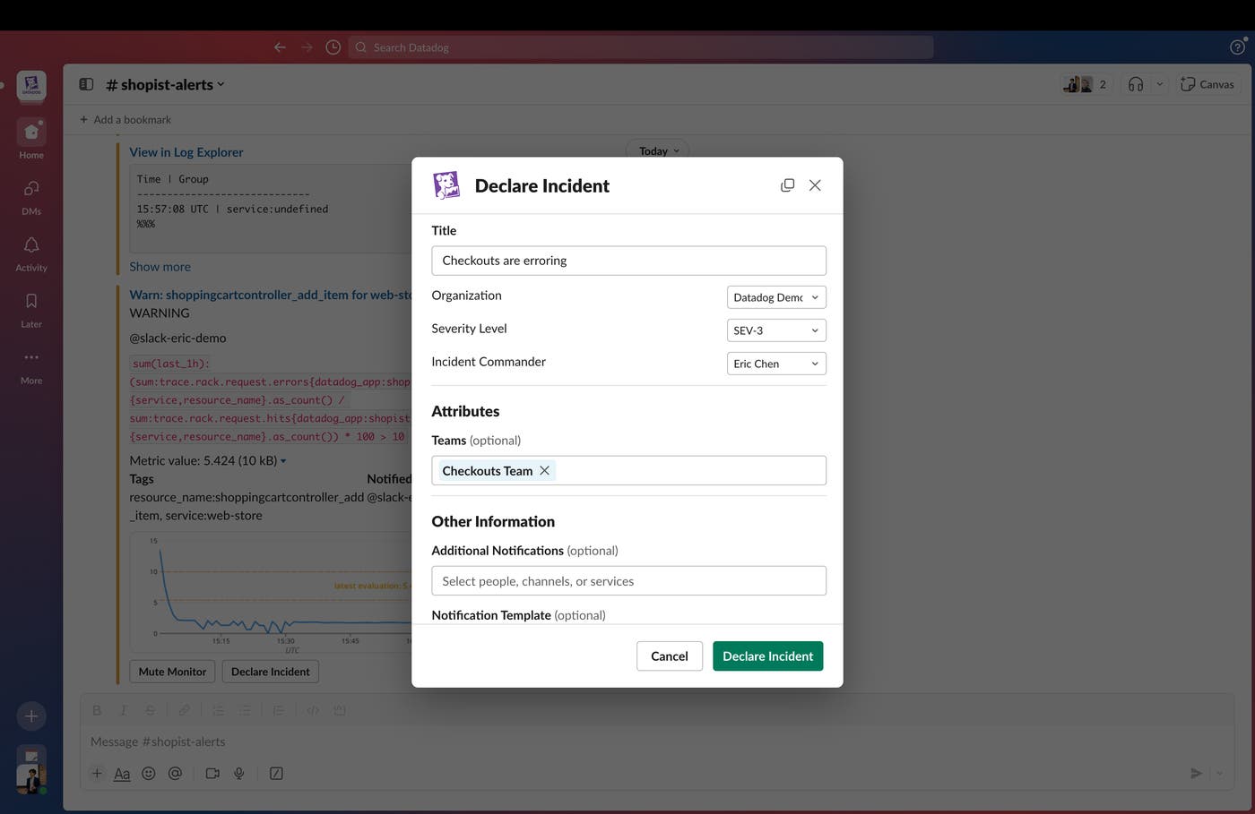 You can use the `/datadog incident` command to declare an incident from within Slack. You can use the `/datadog incident` command to declare an incident from within Slack.