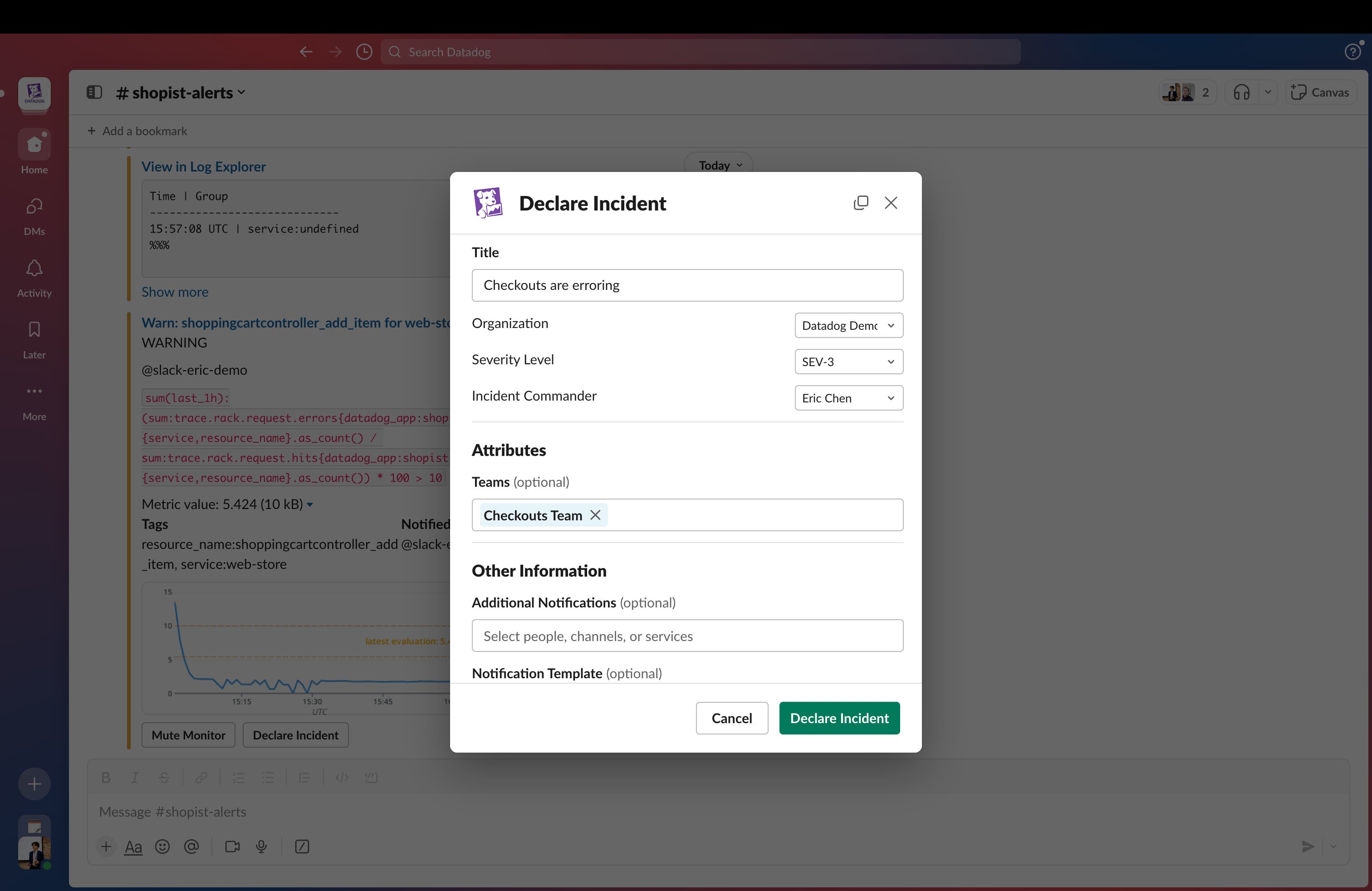 You can use the `/datadog incident` command to declare an incident from within Slack. You can use the `/datadog incident` command to declare an incident from within Slack.