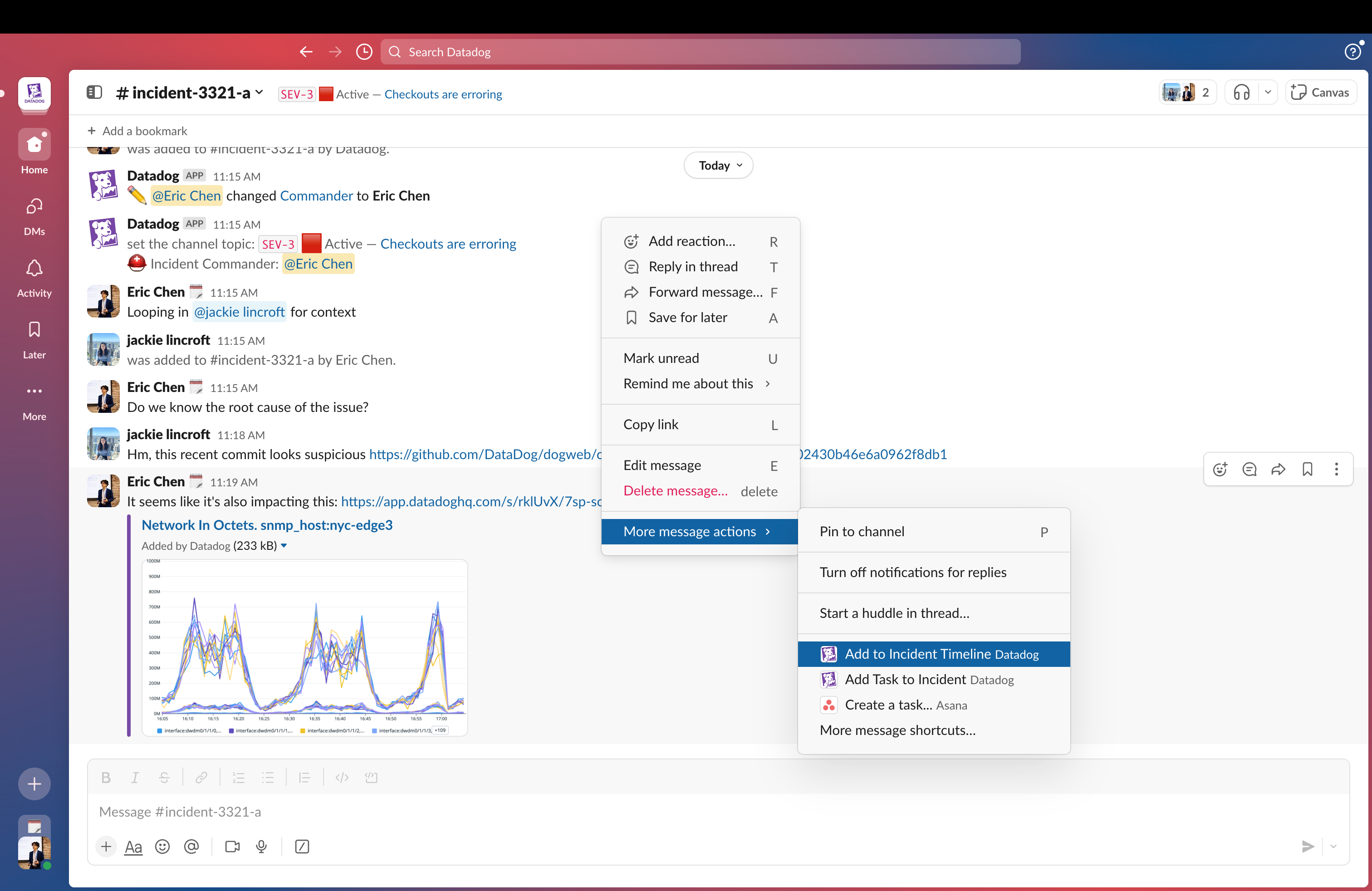 You can push Slack messages to incident timelines either manually or automatically.