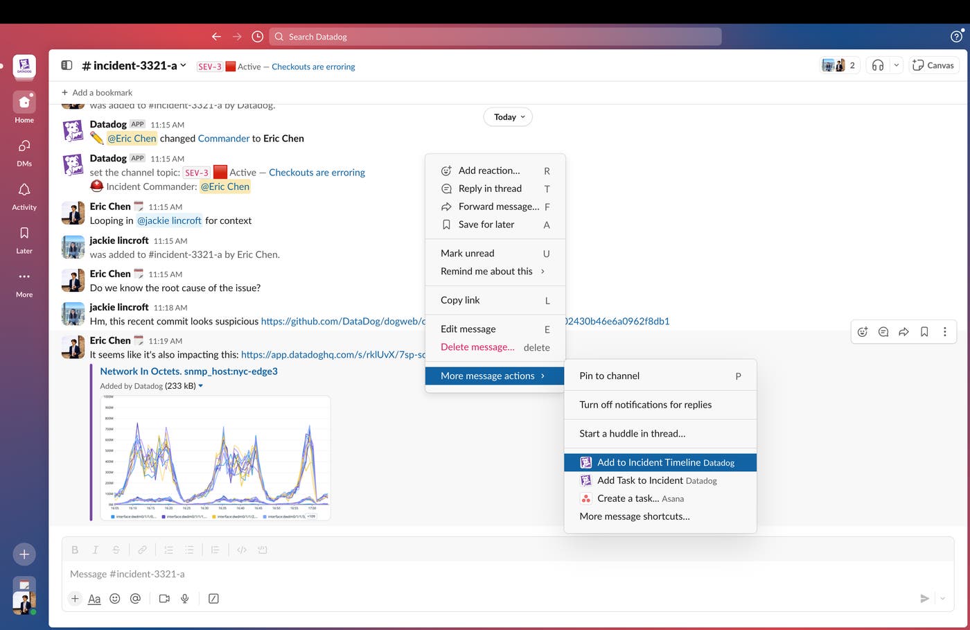 You can push Slack messages to incident timelines either manually or automatically. You can push Slack messages to incident timelines either manually or automatically.