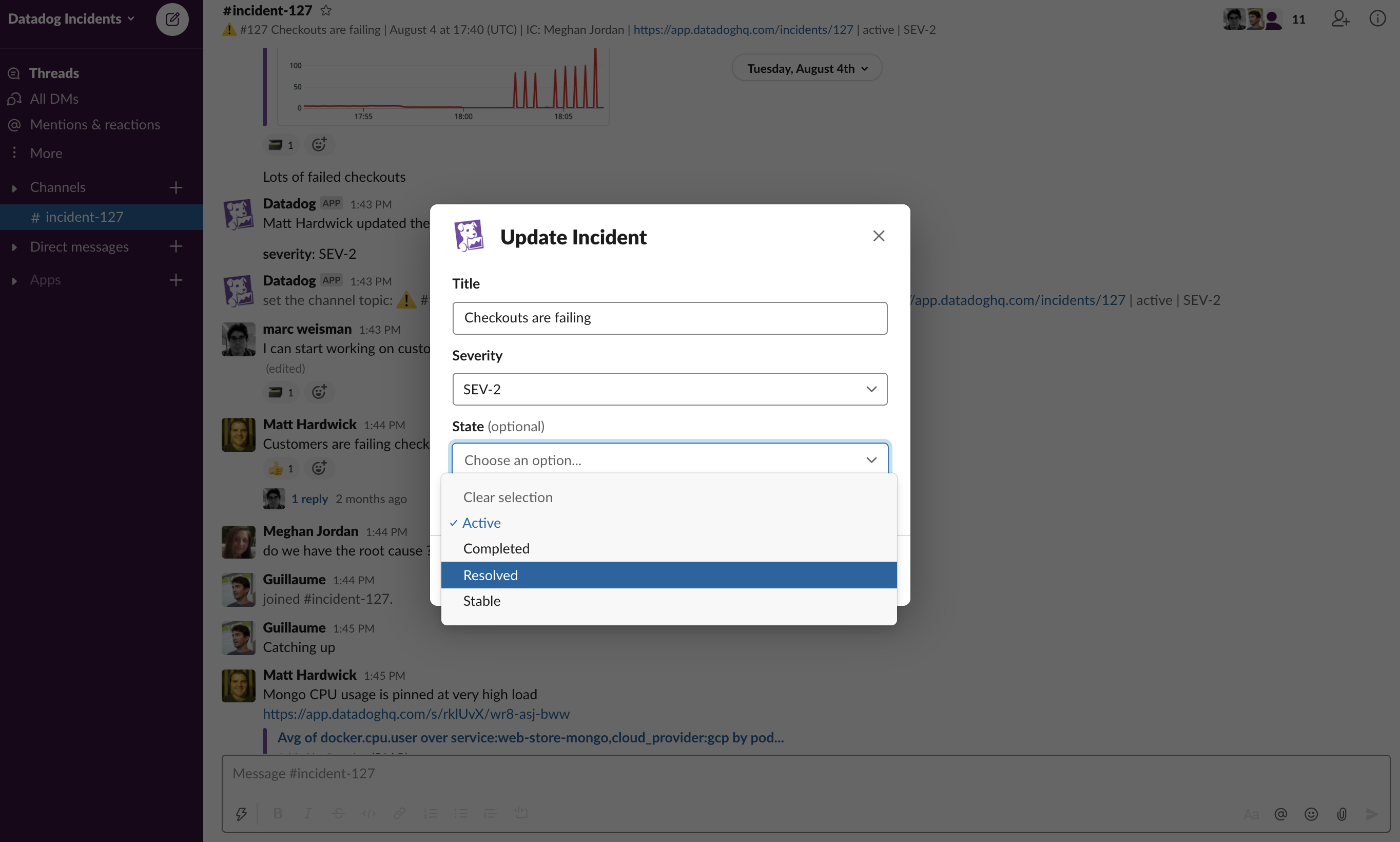Slack から直接インシデントの詳細を更新。