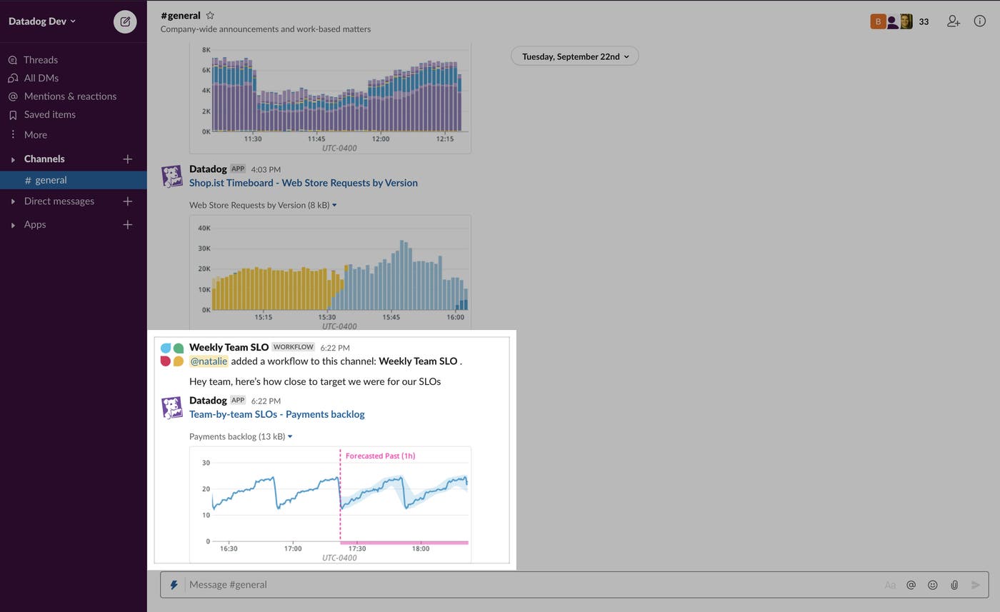 Datadog Step を使用してルーティンの情報共有を自動化。 Datadog Step を使用してルーティンの情報共有を自動化。