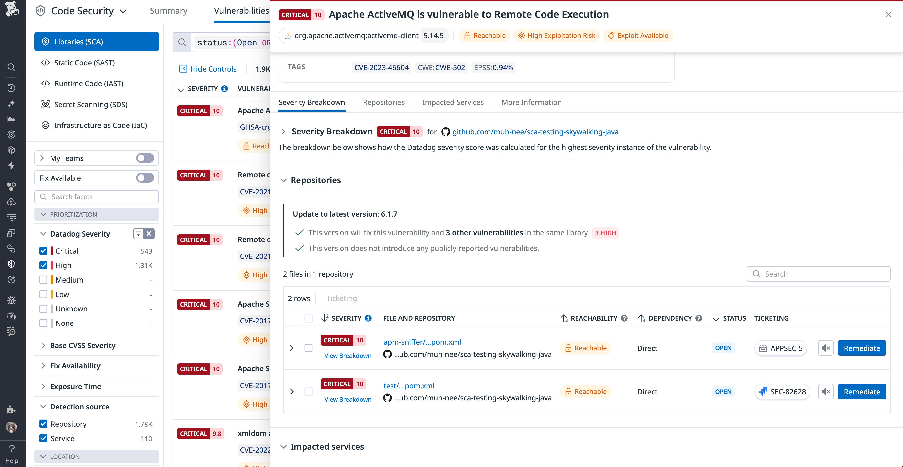 Datadog Software Composition Analysis version recommendations Datadog Software Composition Analysis version recommendations