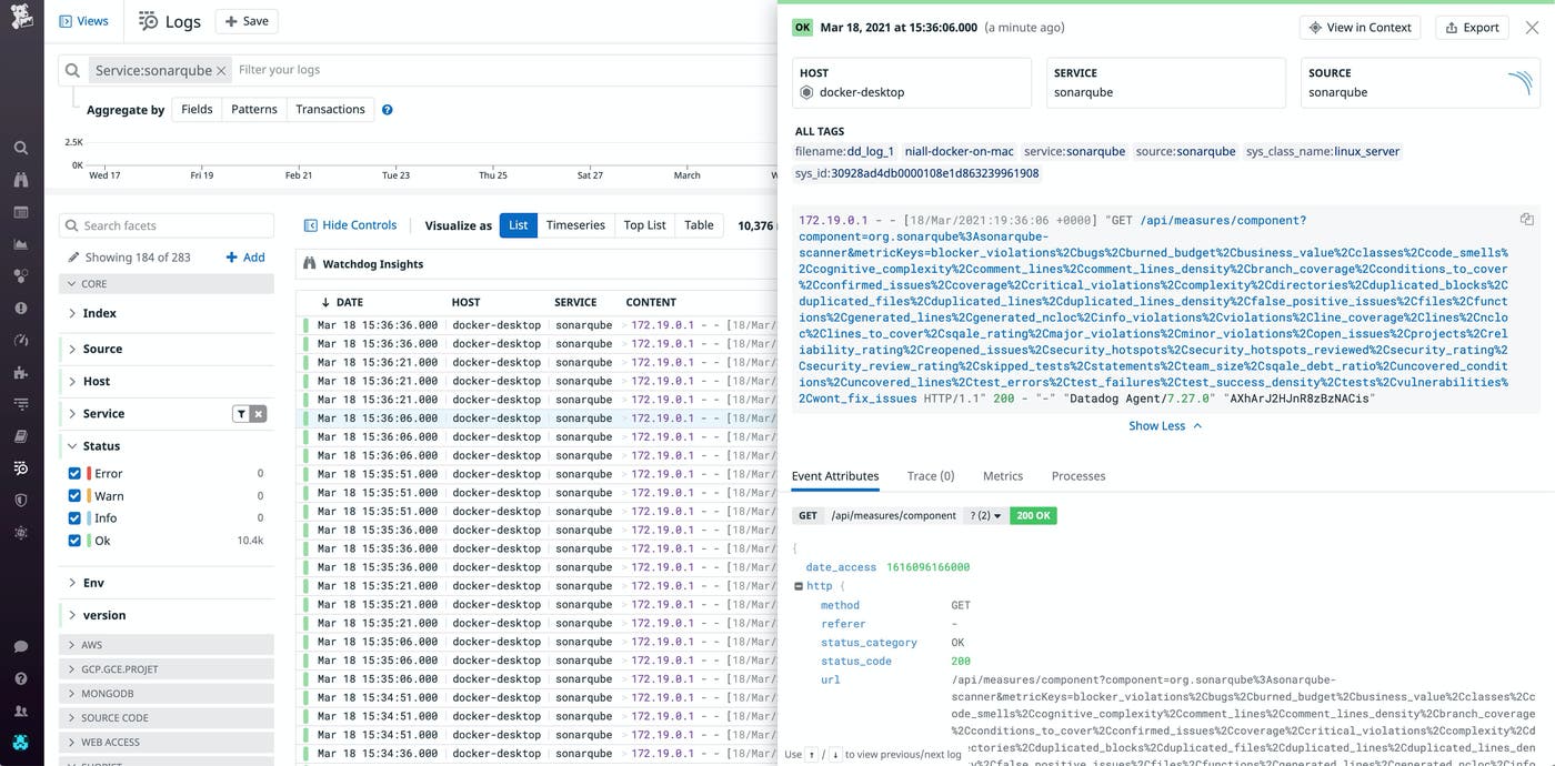 Sonarqube logs in the Datadog Log Explorer Sonarqube logs in the Datadog Log Explorer