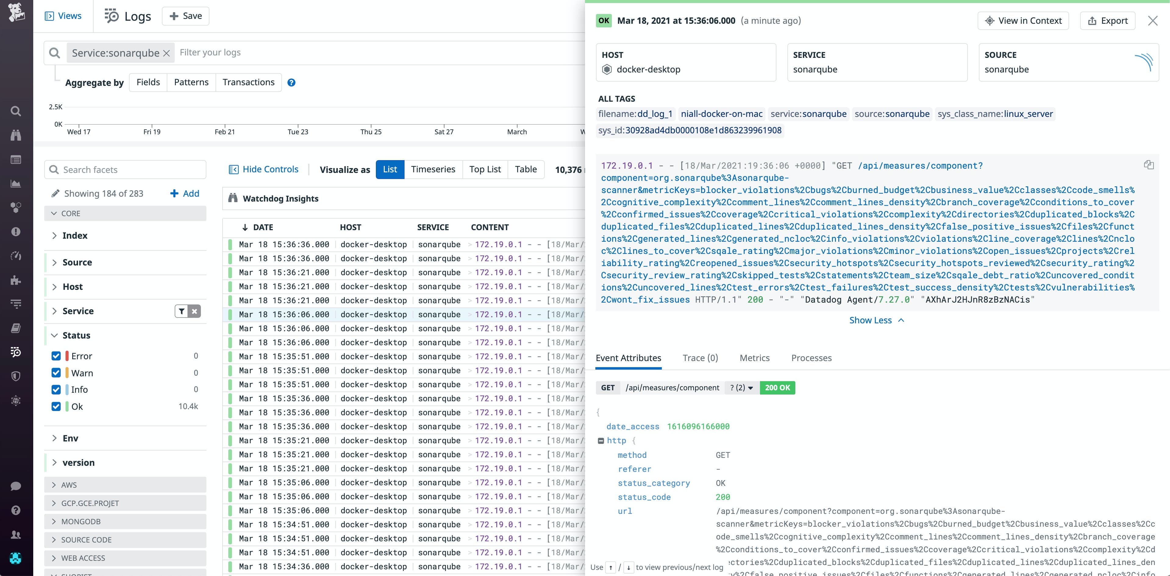 Sonarqube logs in the Datadog Log Explorer Sonarqube logs in the Datadog Log Explorer