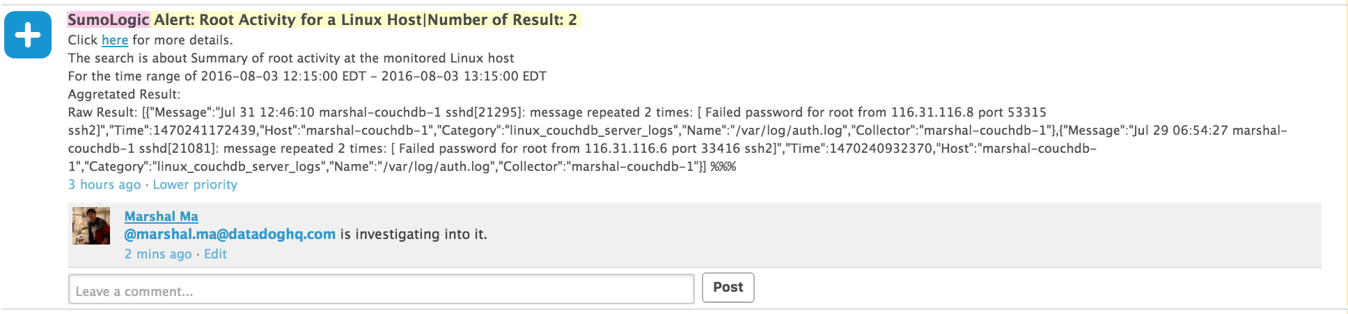 Sumo Logic performance - sample alert message in datadog event stream from Sumo Logic