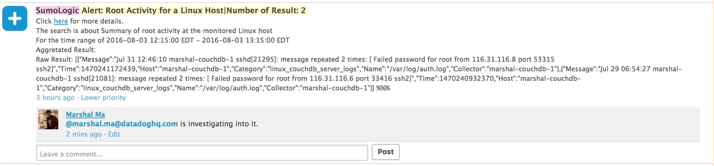 Sumo Logic performance - sample alert message in datadog event stream from Sumo Logic Sumo Logic performance - sample alert message in datadog event stream from Sumo Logic