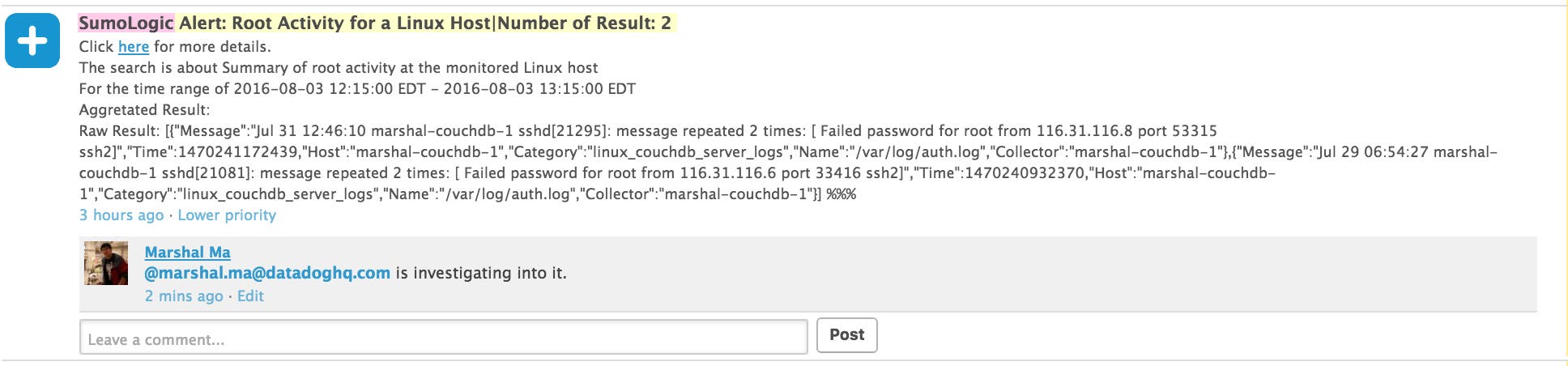 Sumo Logic performance - sample alert message in datadog event stream from Sumo Logic Sumo Logic performance - sample alert message in datadog event stream from Sumo Logic