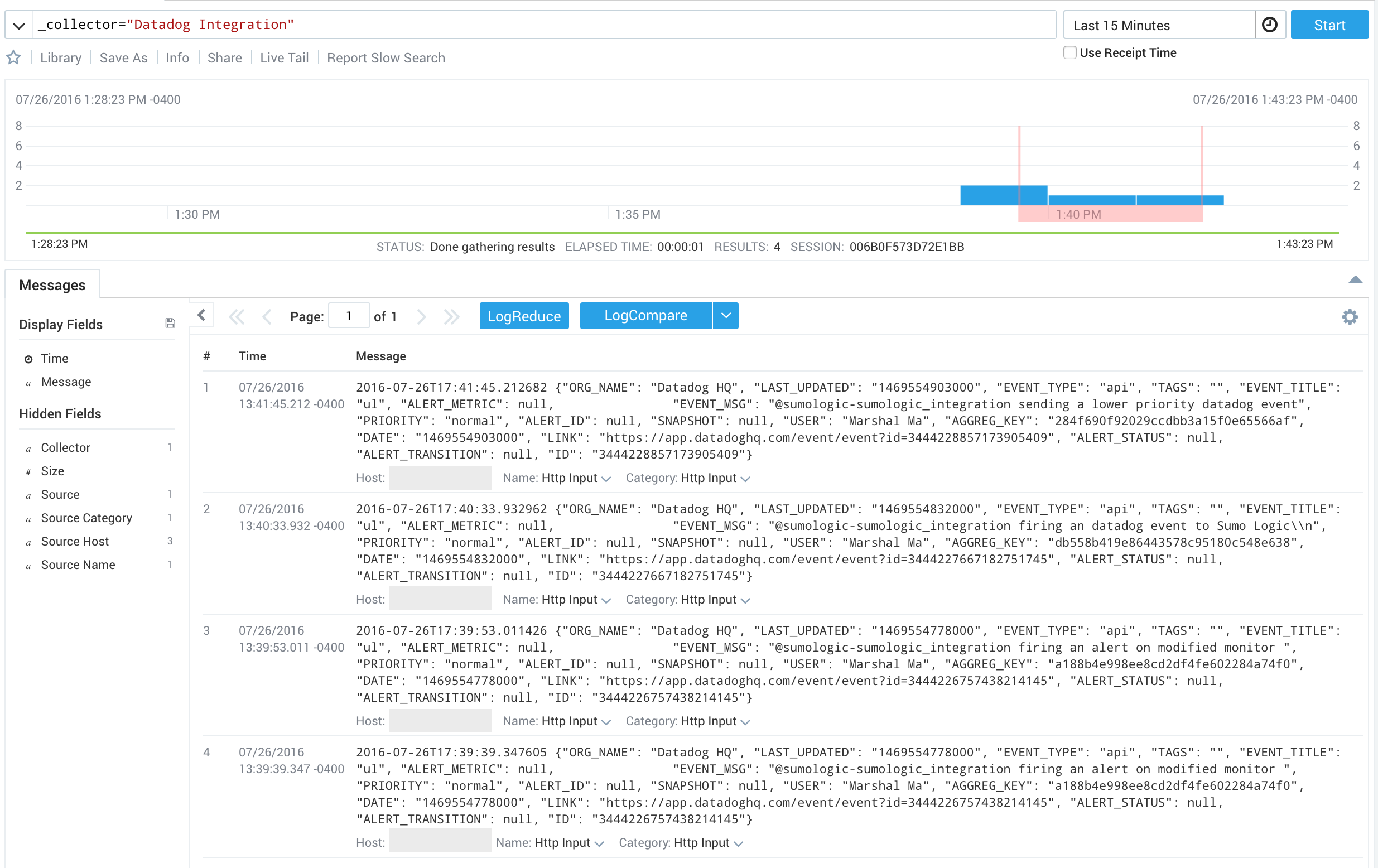 Sumo Logic performance - display message from Datadog