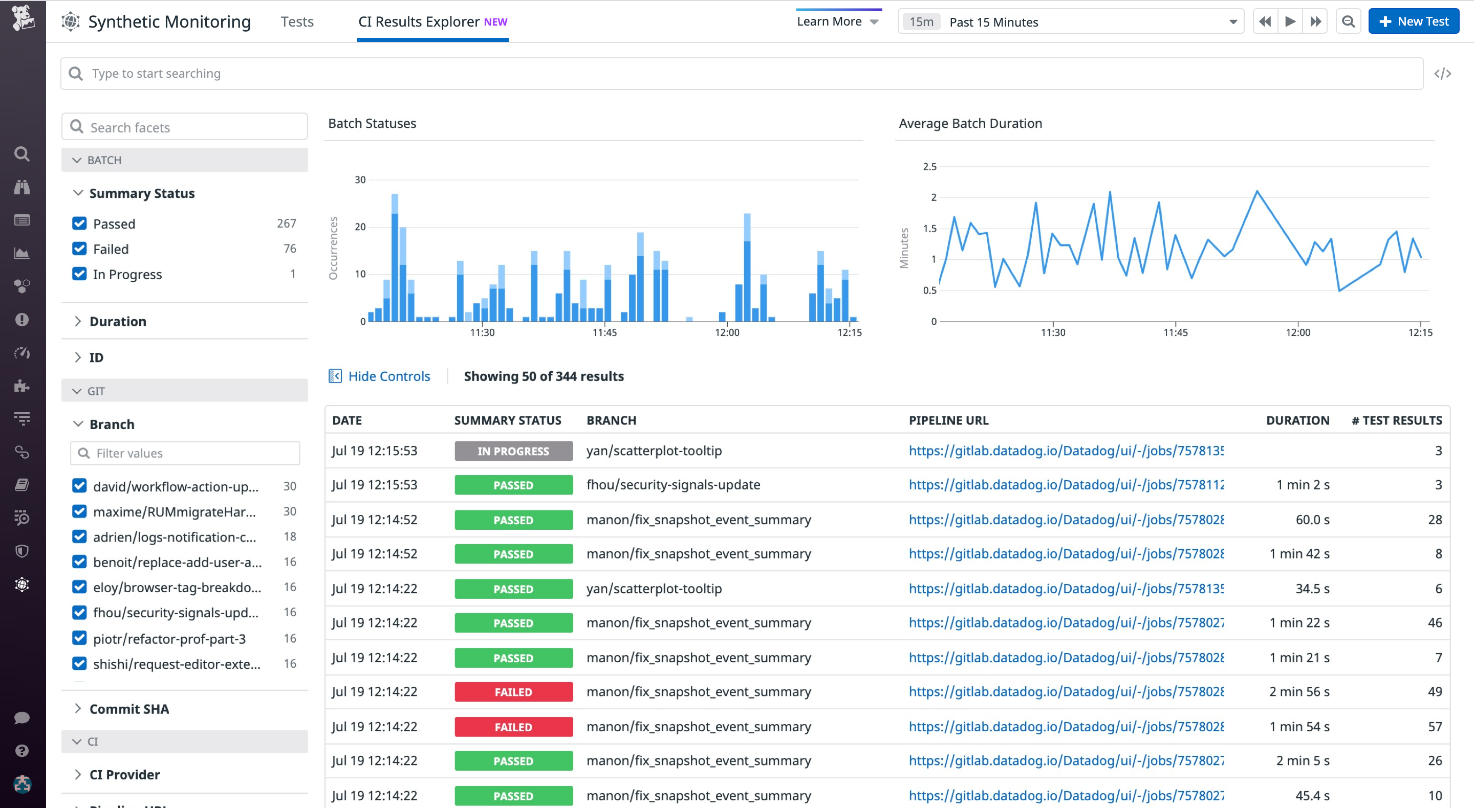 The CI Results Explorer displays CI/CD test results in the context of their job executions.