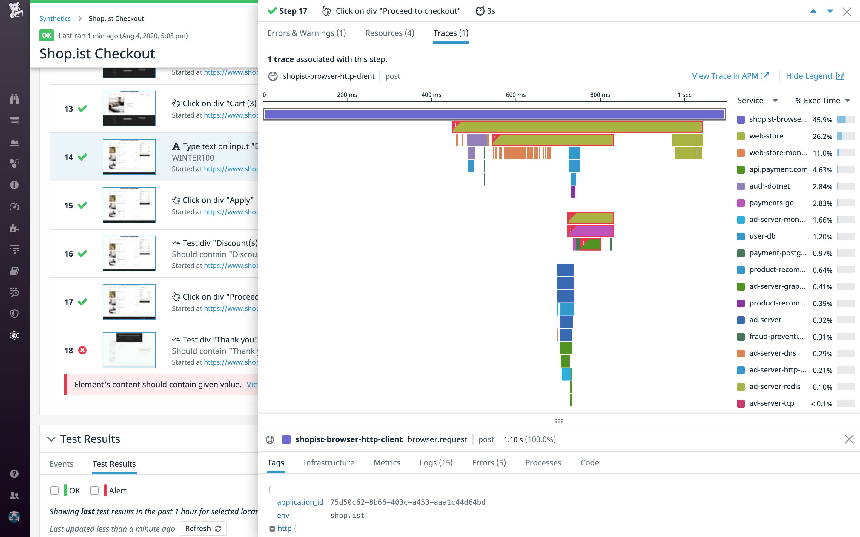 View metrics, traces, and logs that are relevant to each test. View metrics, traces, and logs that are relevant to each test.
