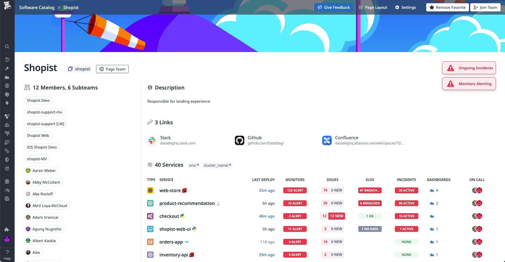 Screenshot of a Datadog Teams page within Datadog IDP showing owned services and related resources Screenshot of a Datadog Teams page within Datadog IDP showing owned services and related resources