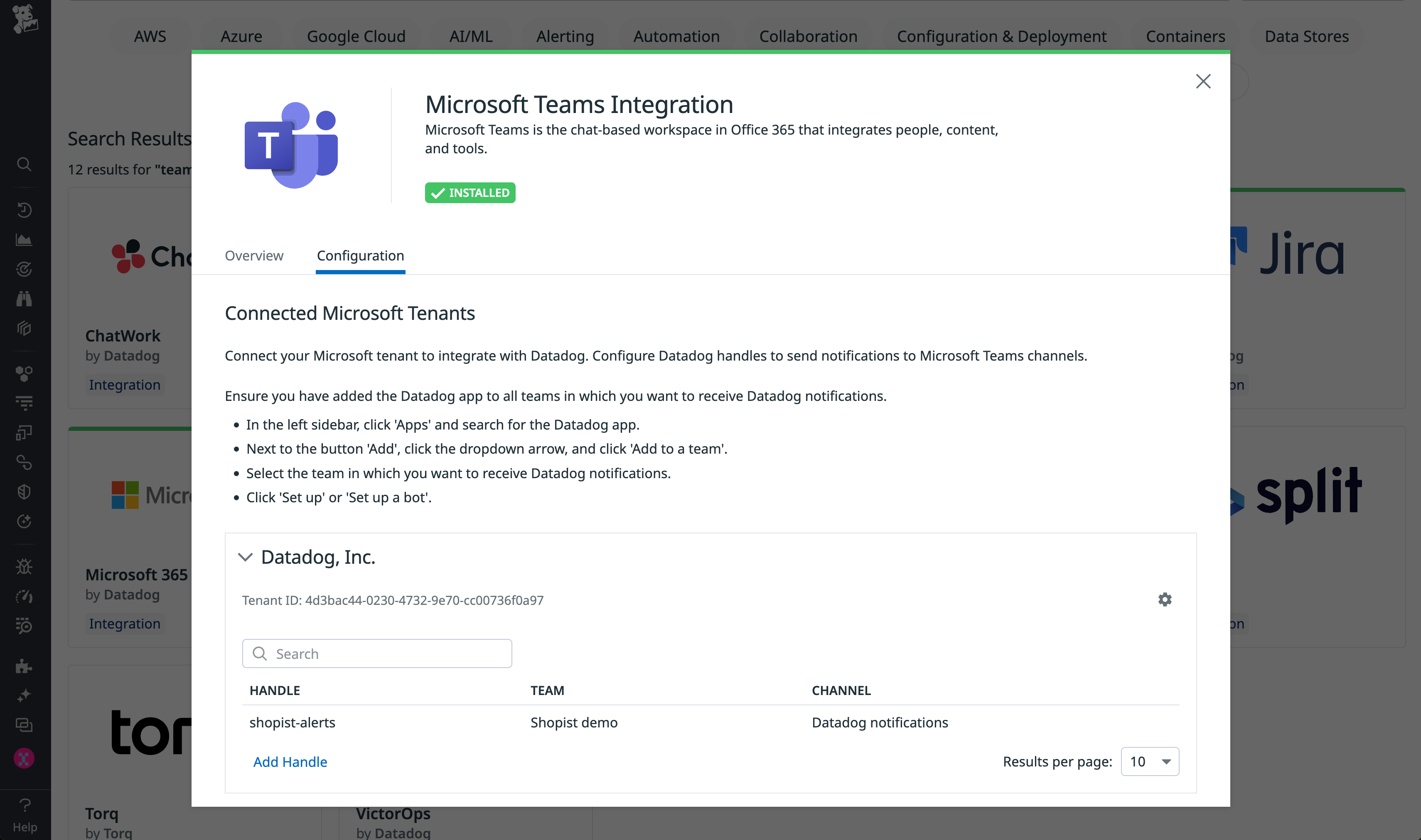 The configuration tile for the Microsoft Teams integration, showing a list of connected tenants.
