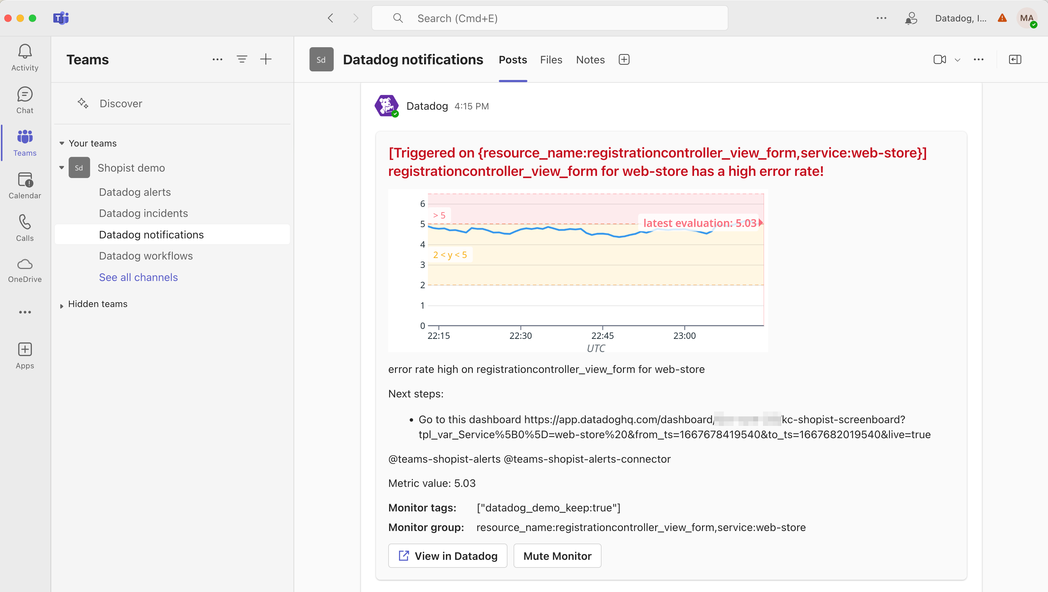 A triggered monitor notification in Microsoft Teams.