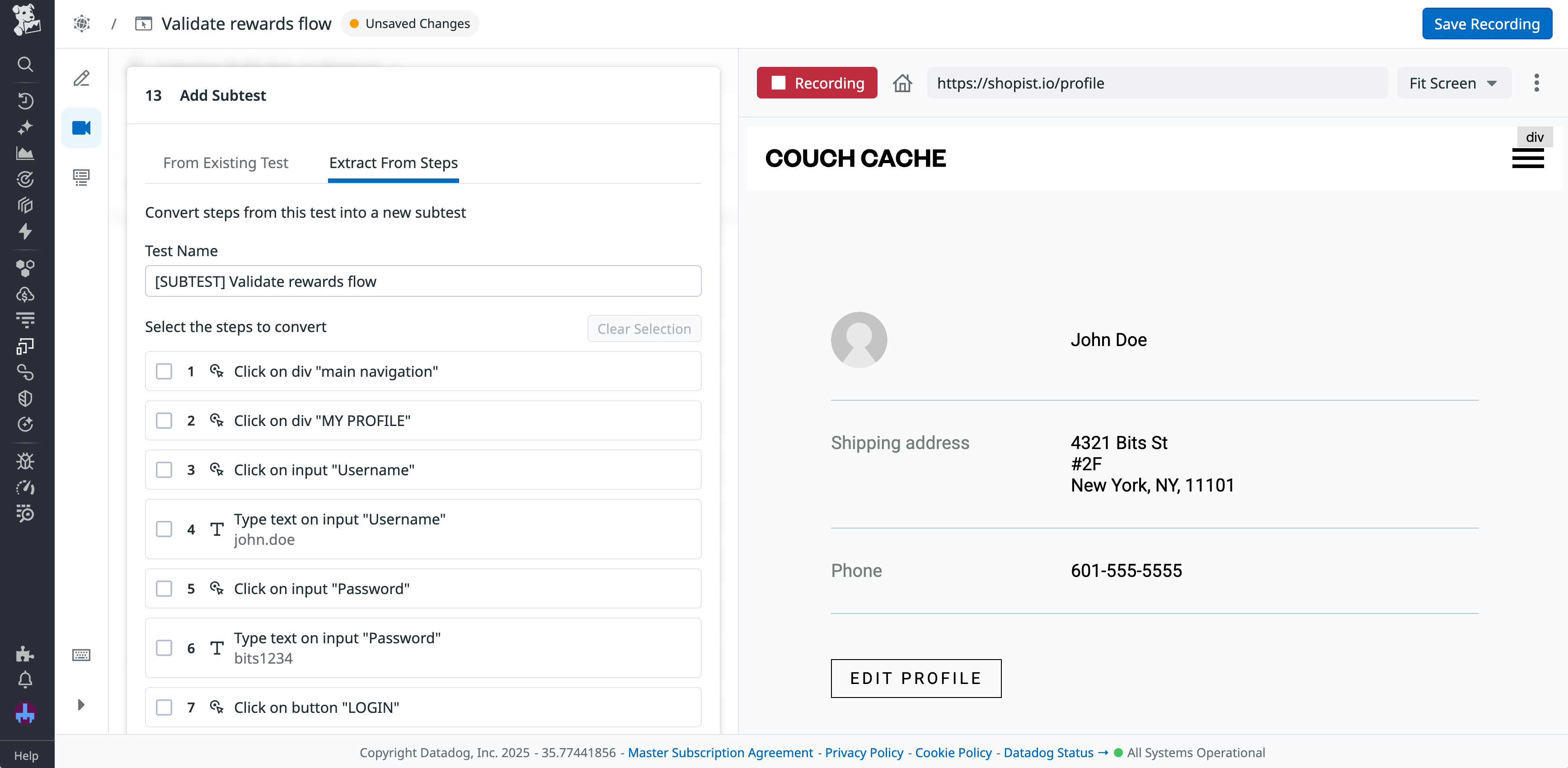 A screenshot of the subtest creation window in Datadog Synthetic Monitoring.