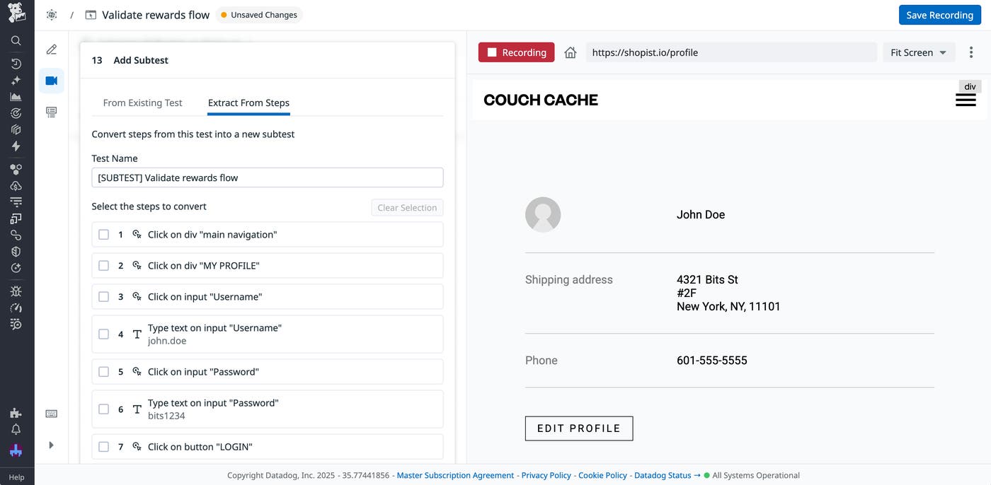 A screenshot of the subtest creation window in Datadog Synthetic Monitoring. A screenshot of the subtest creation window in Datadog Synthetic Monitoring.