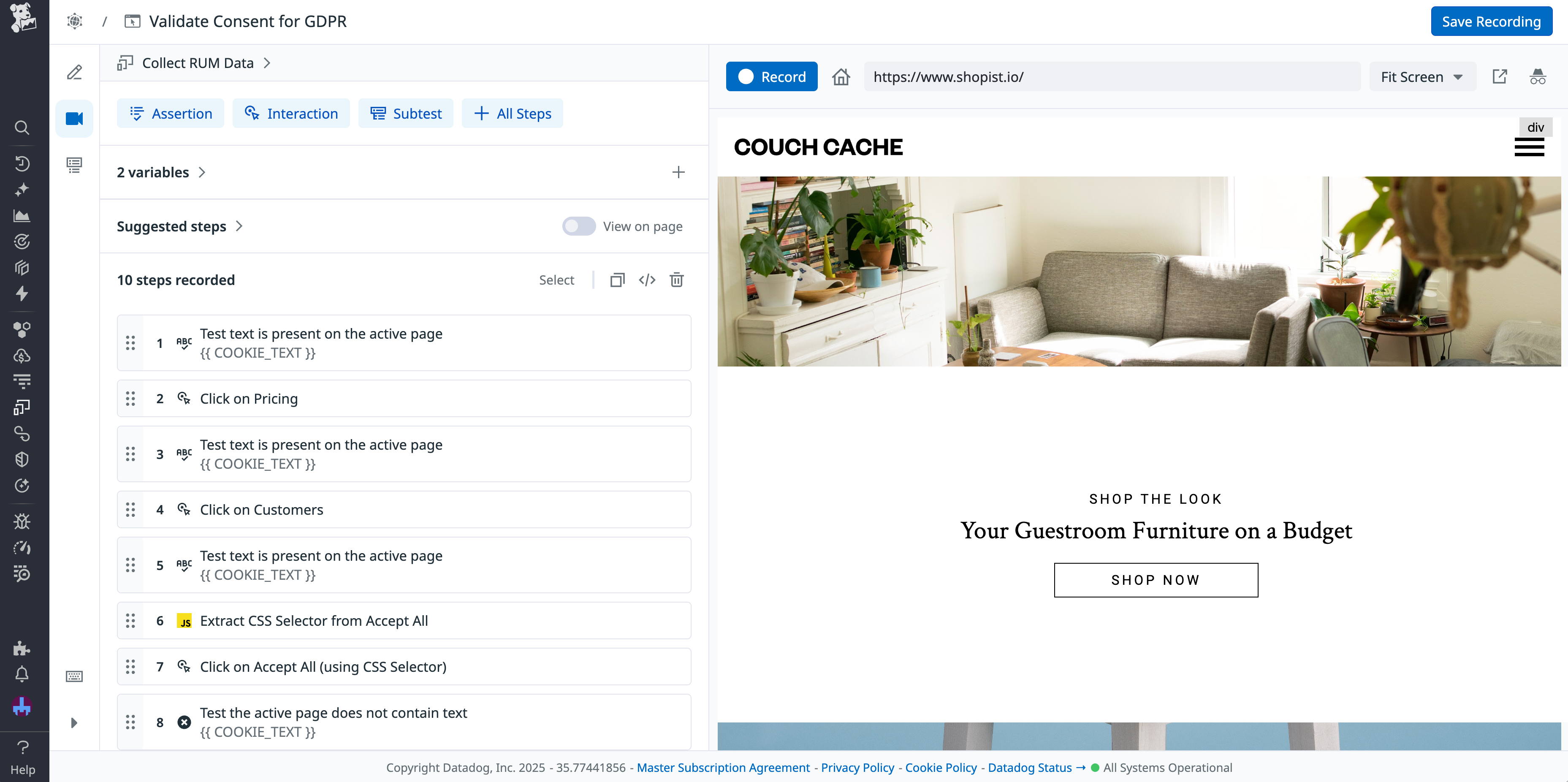 A screenshot of the test creation window in Datadog Synthetic Monitoring.