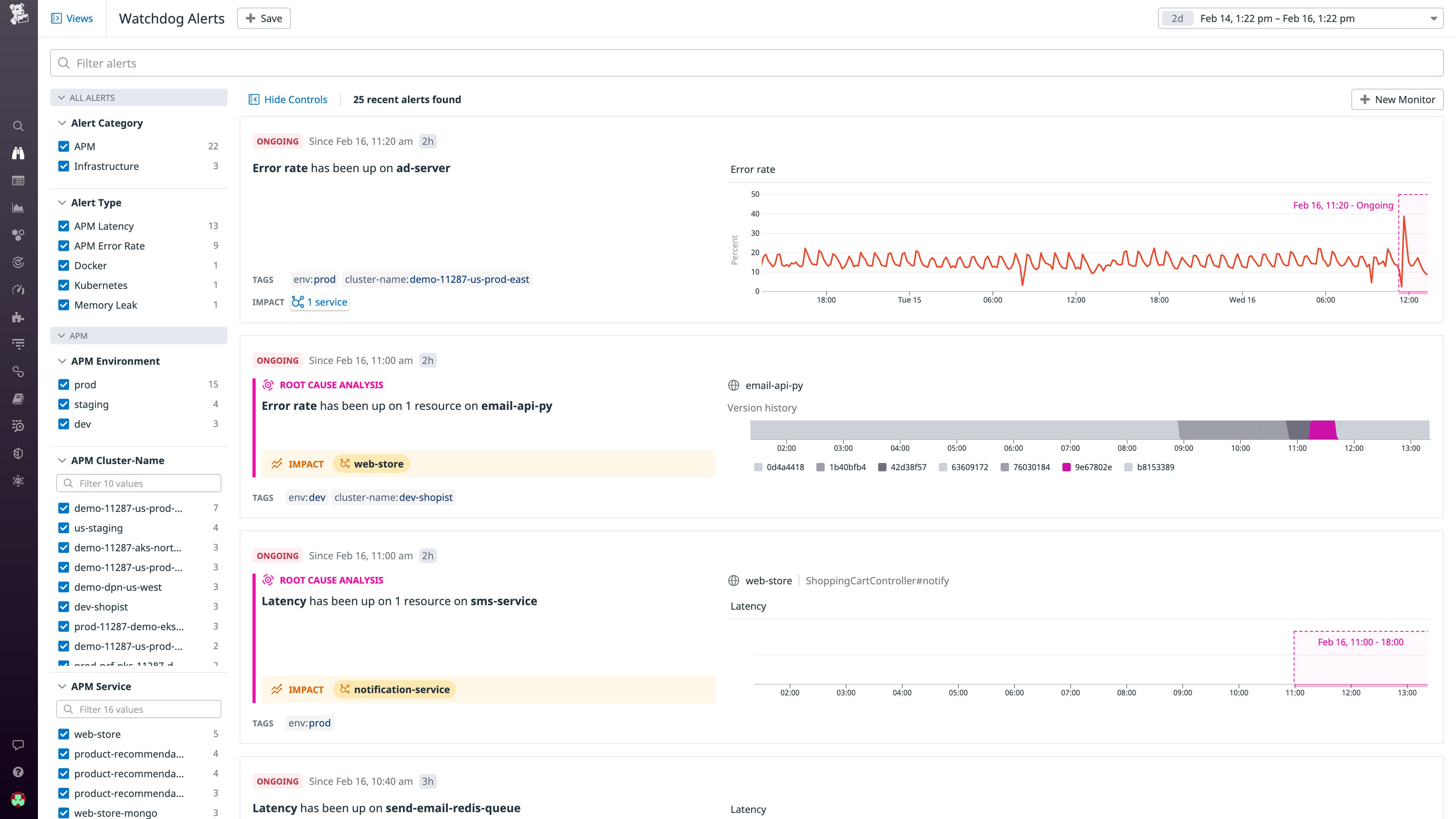 Watchdog alerts include a summary of the issue, a graph scoped to the period of interest, and other contextual information. Watchdog alerts include a summary of the issue, a graph scoped to the period of interest, and other contextual information.