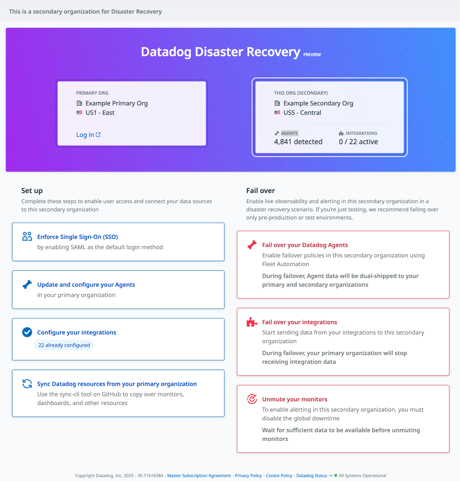 Screenshot of the Datadog Disaster Recovery set up page