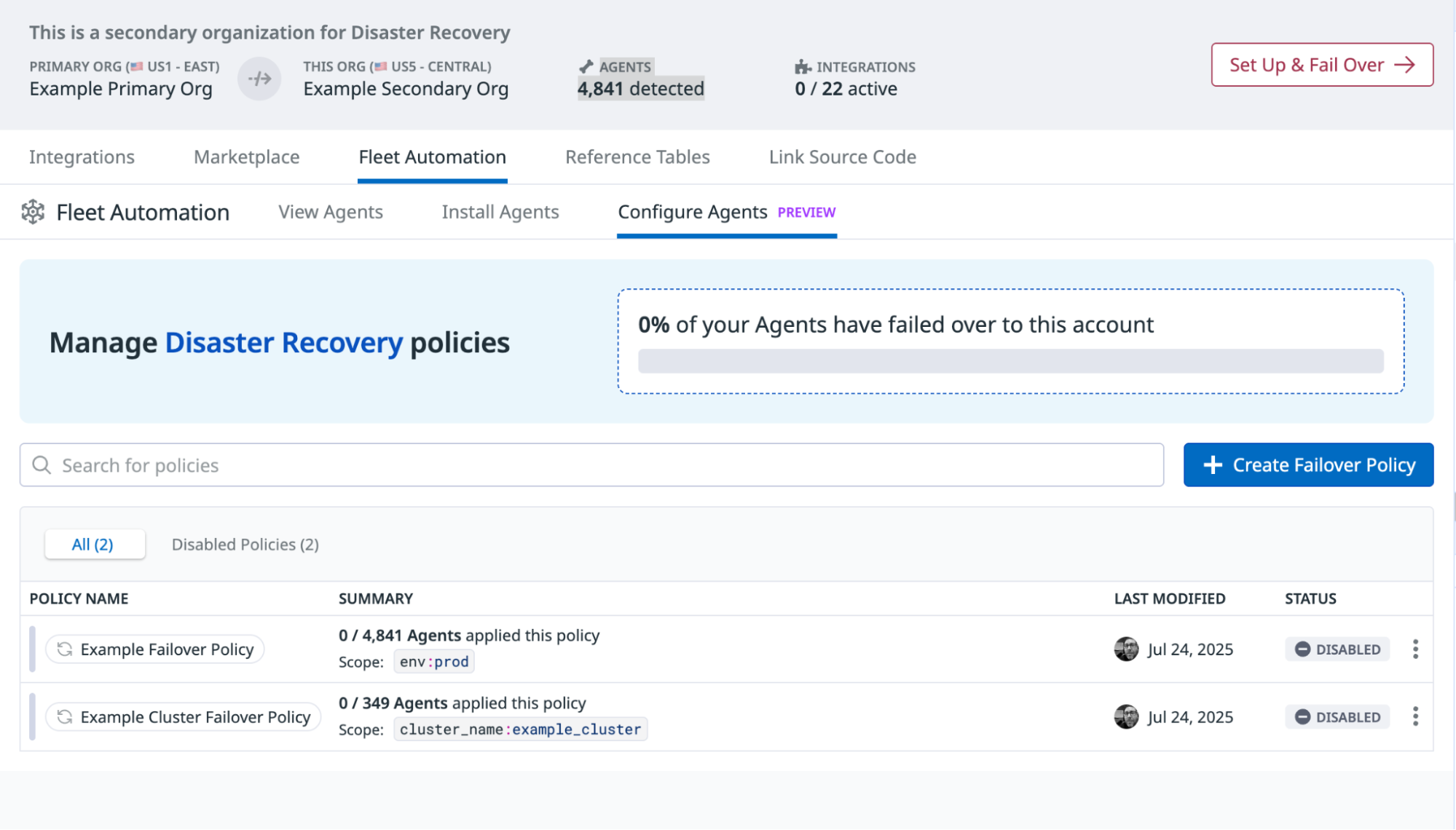 Screenshot of the Manage Disaster Recovery policies page