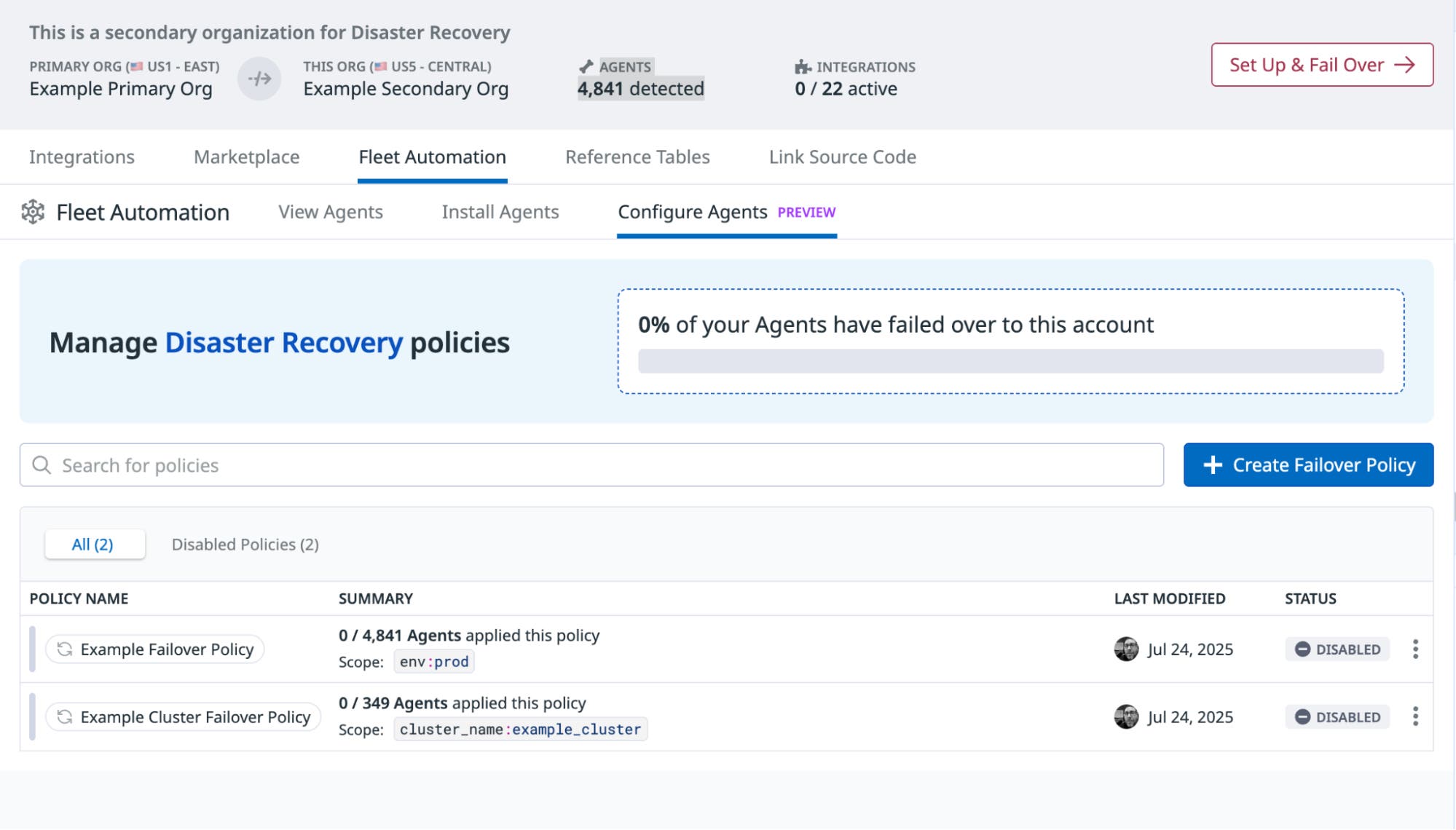 Screenshot of the Manage Disaster Recovery policies page Screenshot of the Manage Disaster Recovery policies page