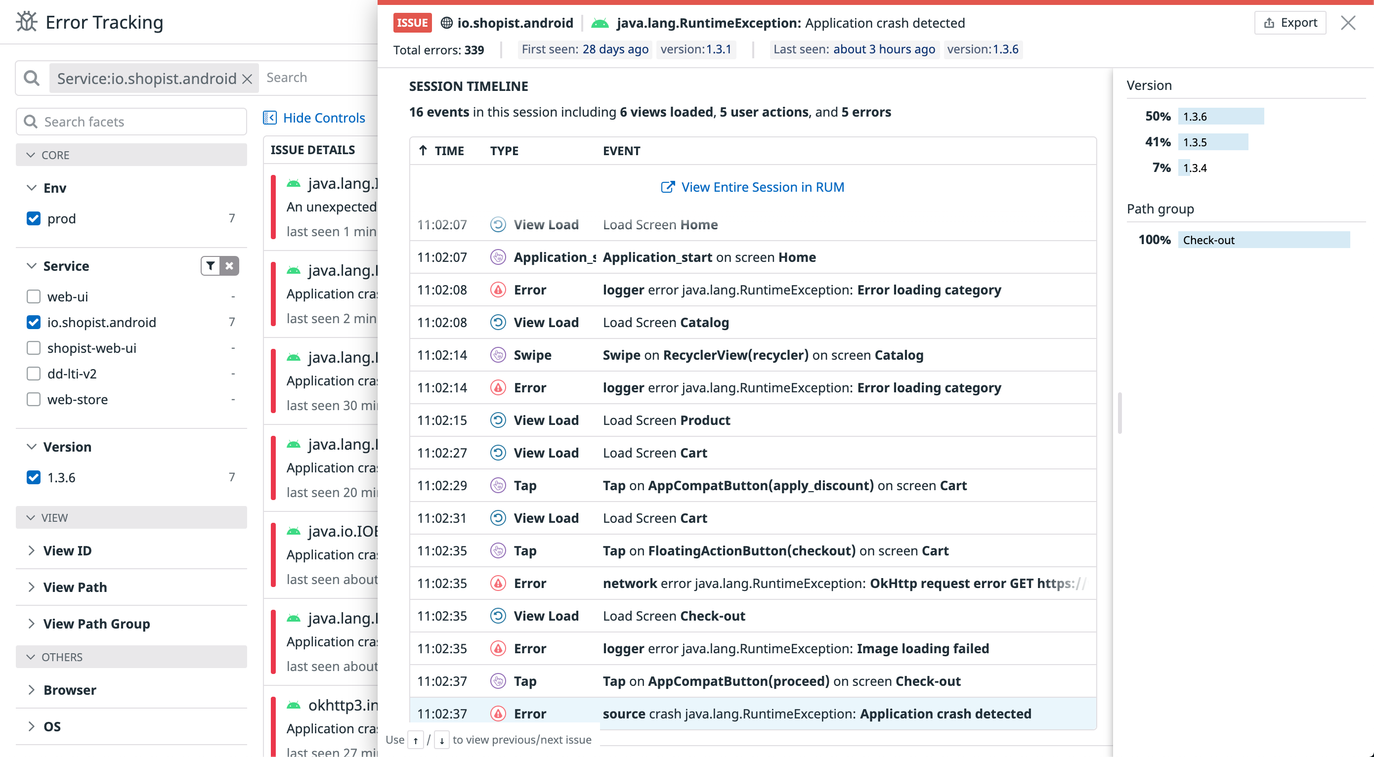 View the full session timeline to debug an Android application crash