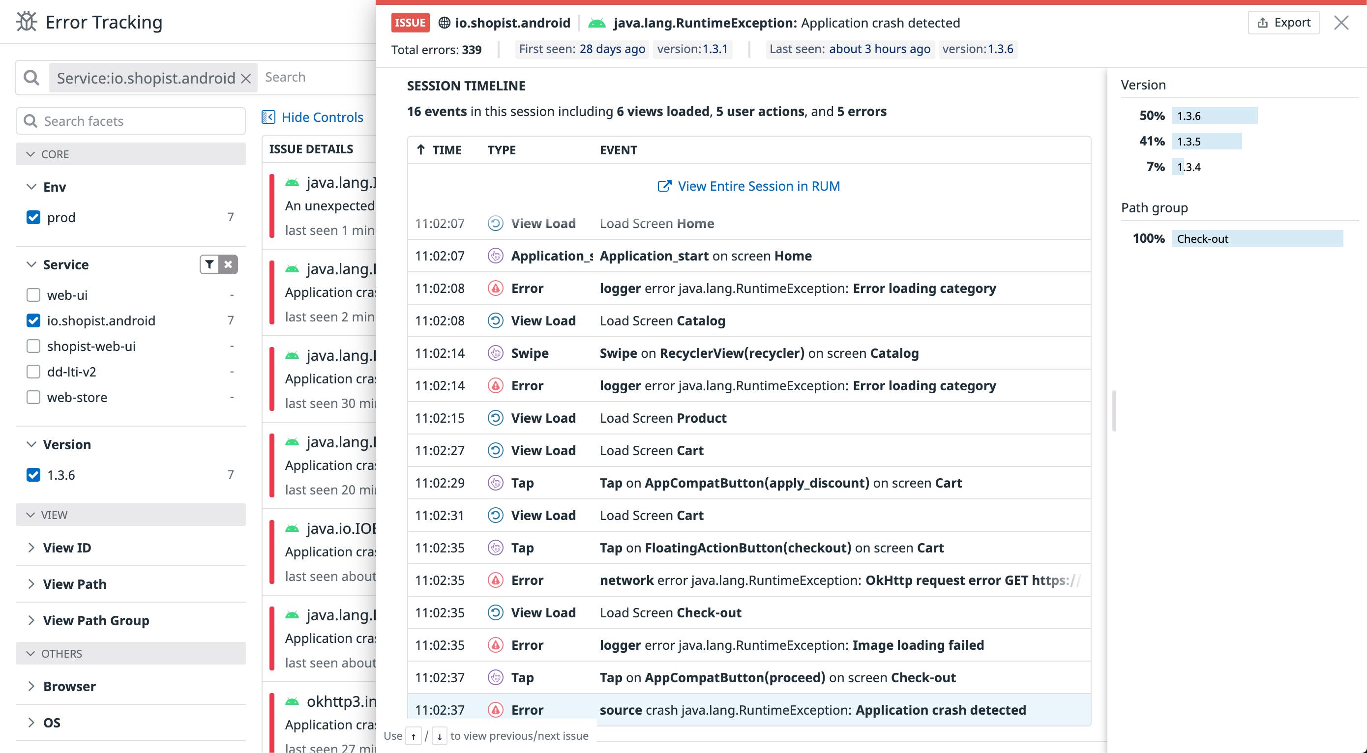 View the full session timeline to debug an Android application crash View the full session timeline to debug an Android application crash