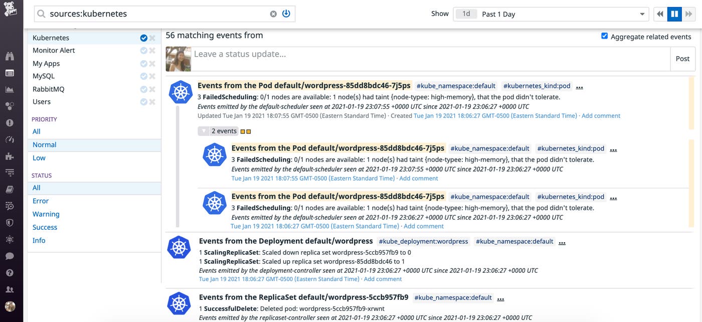 Monitor kubernetes failed scheduling events pending pods in the Datadog event stream Monitor kubernetes failed scheduling events pending pods in the Datadog event stream