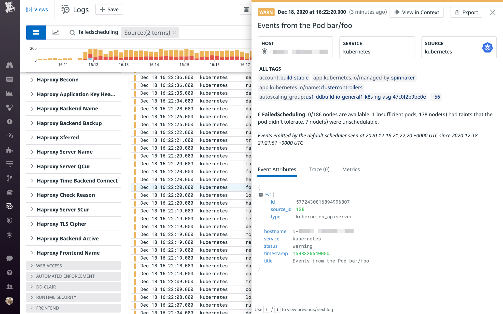 Monitor kubernetes failed scheduling events pending pods in the datadog event stream