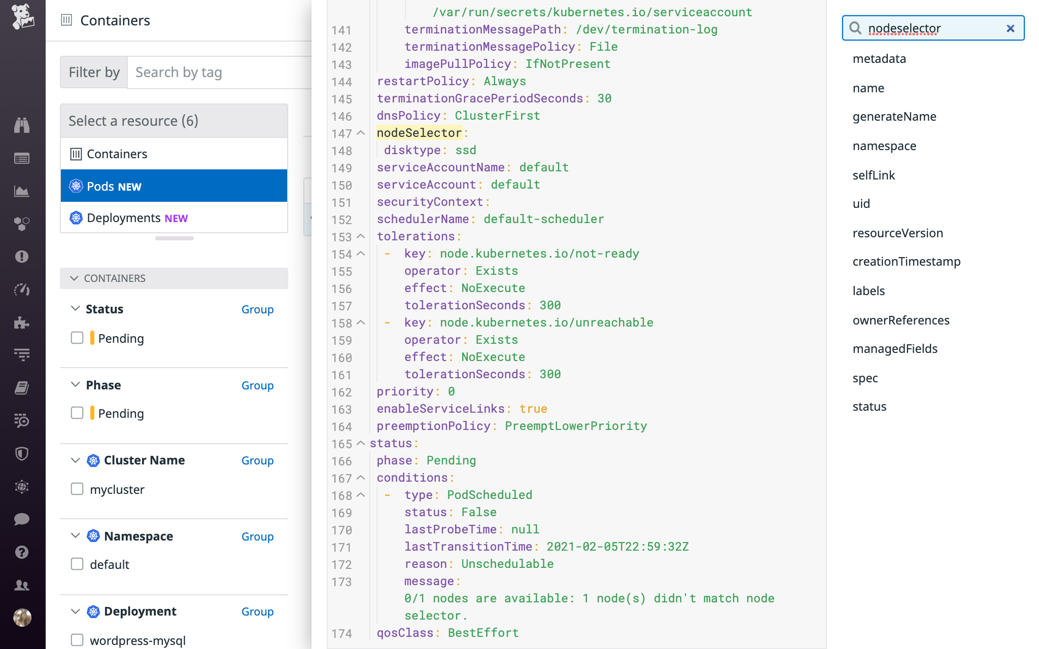 If no available nodes match the node selector specified in a Pending pod's specification, the pod will remain Pending until a suitable node becomes available.